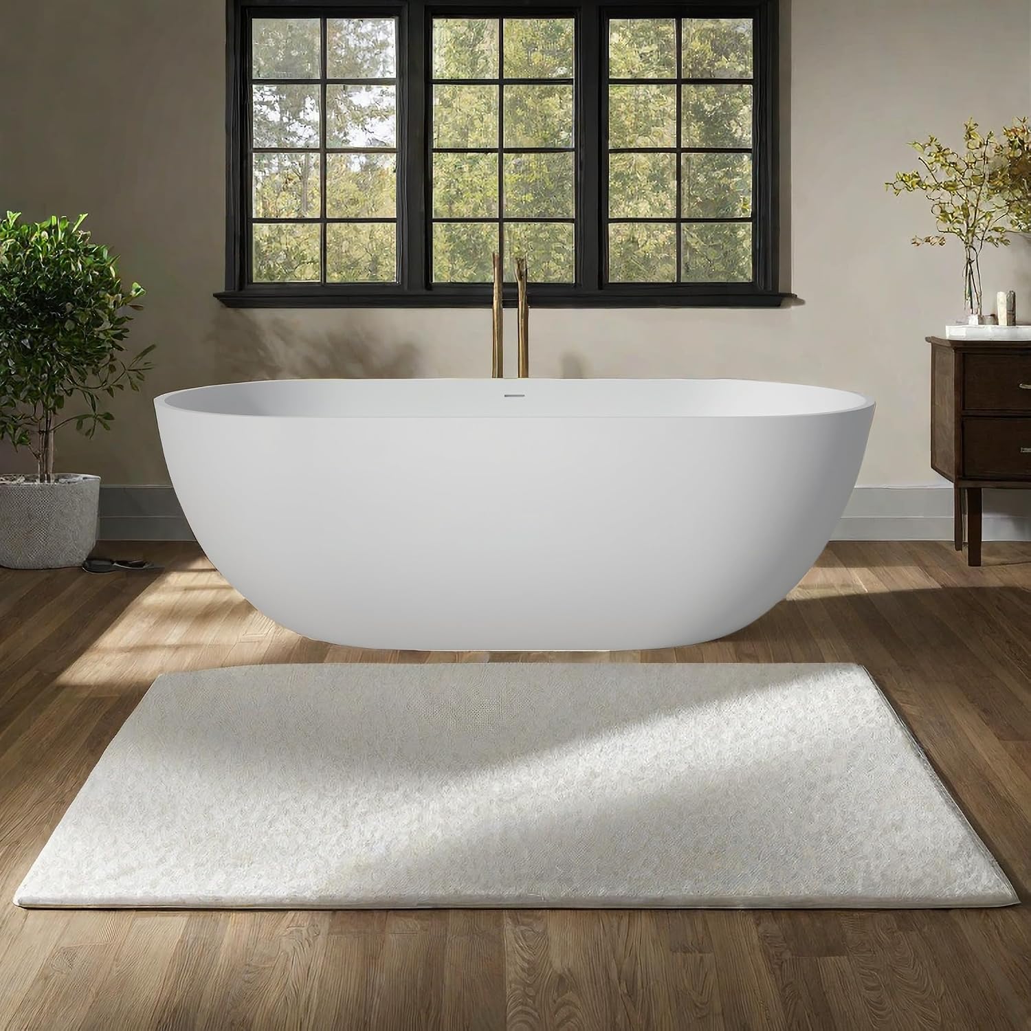 59 Inch Freestanding Bathtub Oval Shaped Solid Surface Resin Stone soaker Freestanding Tubs Matte White Soaking Tub with Overflow and Pop-up Drain (white)307-1500