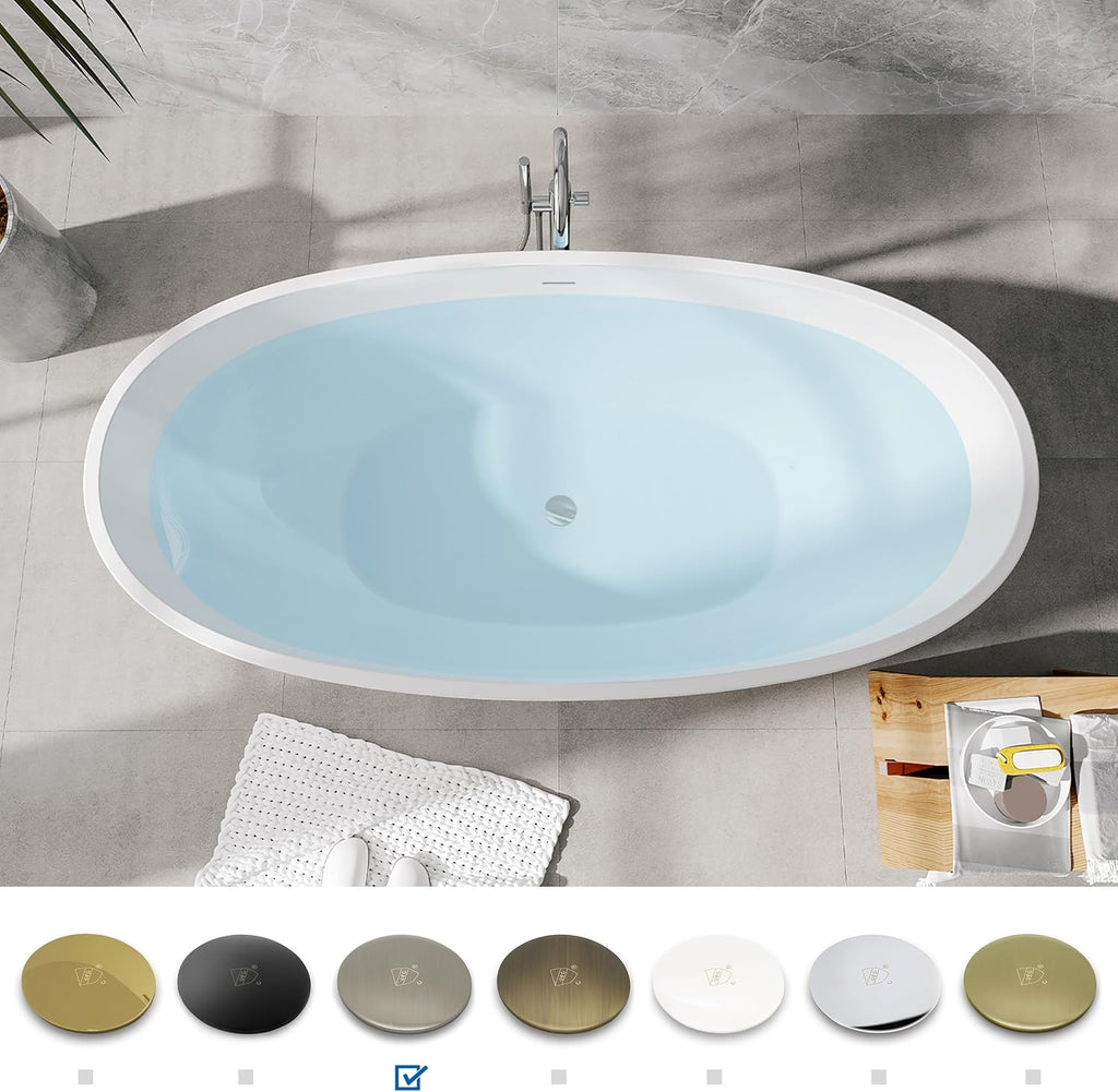 FerdY Koh Samui 65' Freestanding Bathtub with Headrest, Elegant Oval Shape, Double Walled Insulation Bathtub with Center Brushed Nickel Drain & Minimalist Linear Design Overflow & Bath Pillow