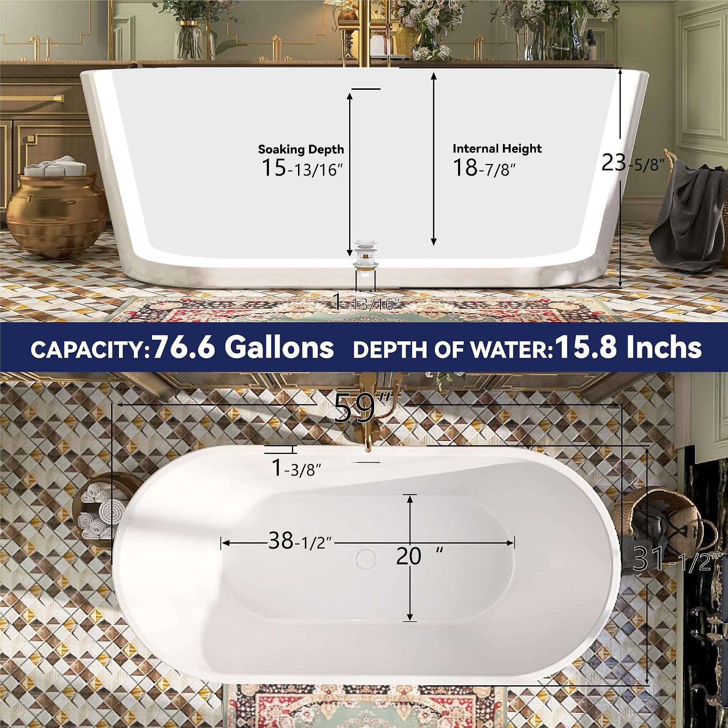 59' Acrylic Free Standing Tub, Stand Alone Tub, Freestanding Bathtub, Soaking Bathtub, cUPC Certified, SW(Glossy White)