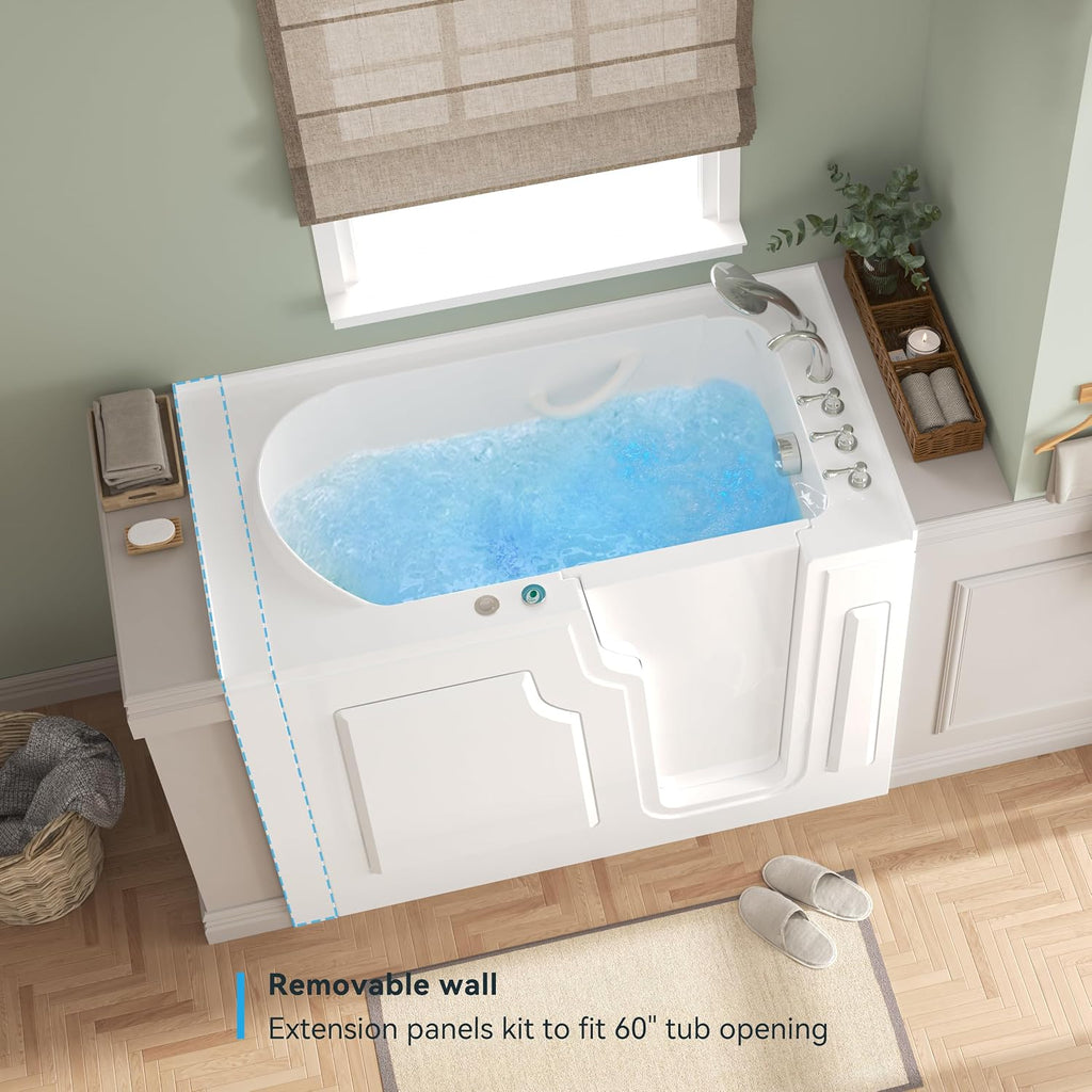 FerdY Floridian 55'x33' Walk-in Whirlpool Bathtub with 16 Air Water SPA Jets and Right-Side Door Opening and Quick Fill and Drain System, Rectangular Soaking Jetted Bath Tub in White with LED Lights