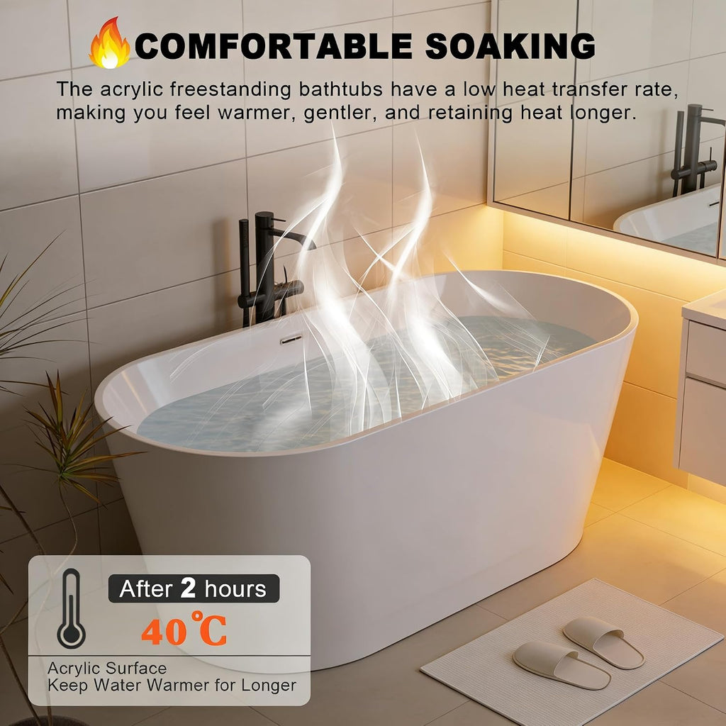 55 Inch Free Standing Bathtub,Made of Pure Acrylic Material with 8 Layers of Reinforced Coating,Cupc Certified,Spacious Ergonomic Design,Modern Luxury Bathtub,White