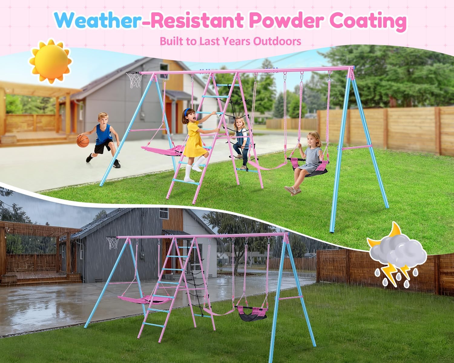 Heavy Duty Swing Sets for Backyard Kids 3-12, 700LBS 6-in-1 Outdoor Swingset for Playground with Basketball Hoop, 3 Adjustable Swings, Climbing Ladder Net - Large Metal Playset for Toddlers Children