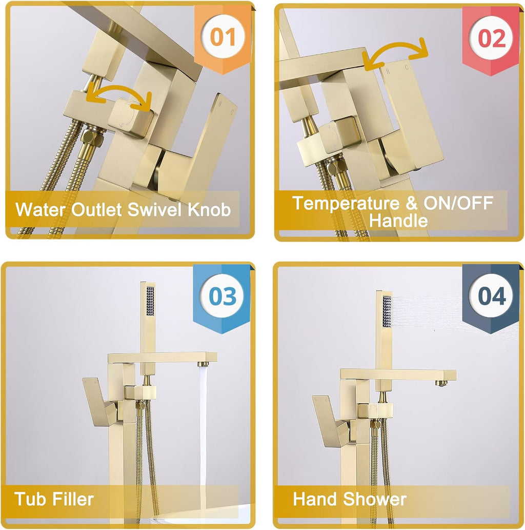 Freestanding Bathtub Faucet Brushed Gold, Floor Mounted Tub Filler Tub Faucet, 304 Stainless Steel Free Standing Tub Faucets with Hand Shower, SE-3003-BG