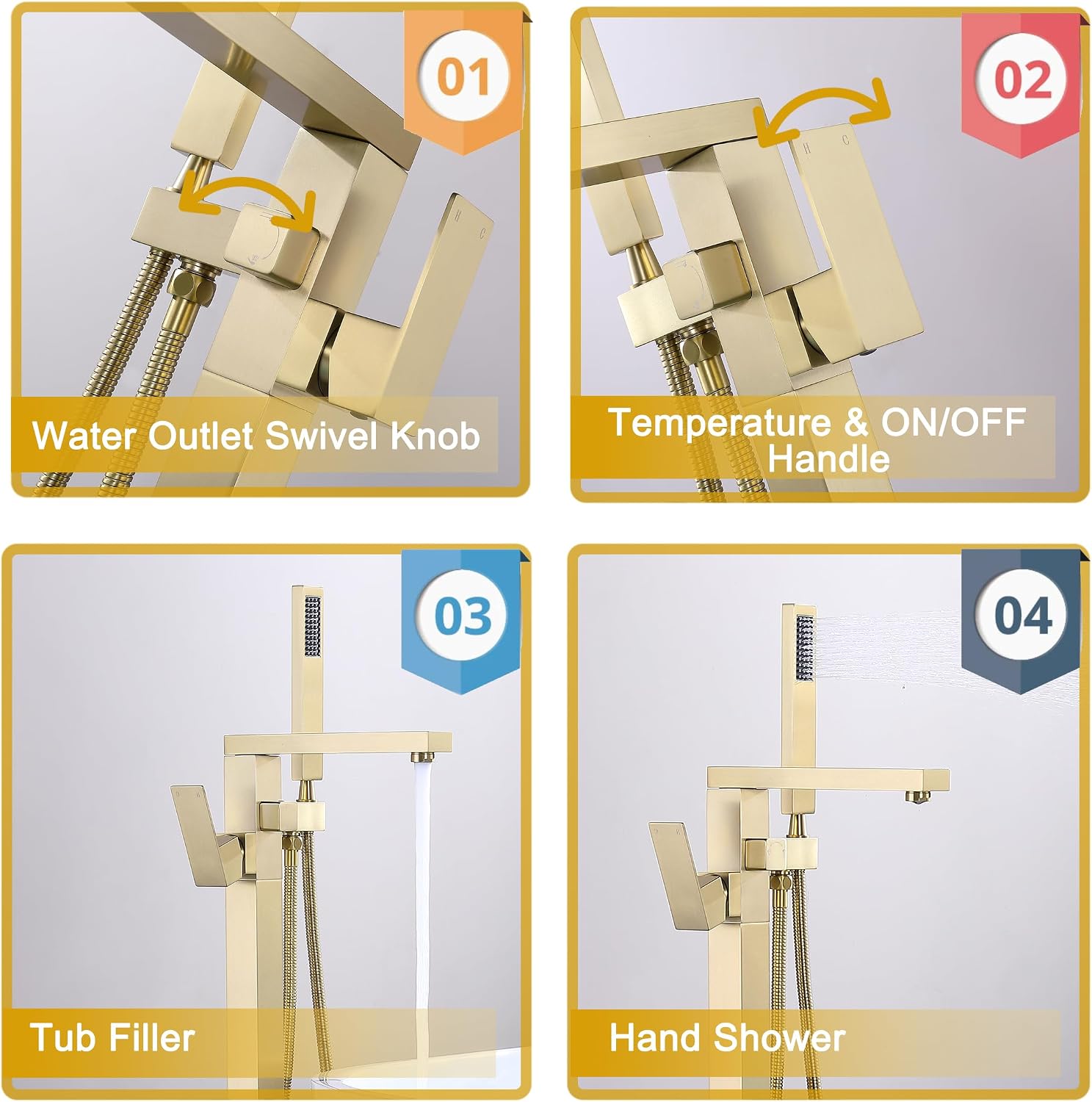 Freestanding Bathtub Faucet Brushed Gold, Floor Mounted Tub Filler Tub Faucet, 304 Stainless Steel Free Standing Tub Faucets with Hand Shower, SE-3003-BG
