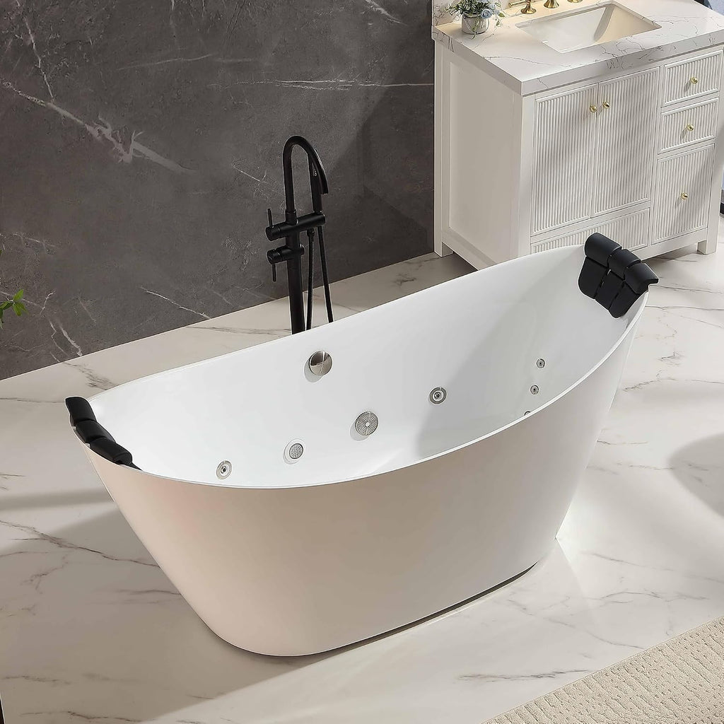 Empava Upgrade Acrylic Whirlpool Bathtub, 67-Inch Freestanding Boat Shaped Jetted Bathtub with Healing Chromotherapy, 18 Hydromassage Jet, Double-Ended Massage Bathtub with Two Black Pillows