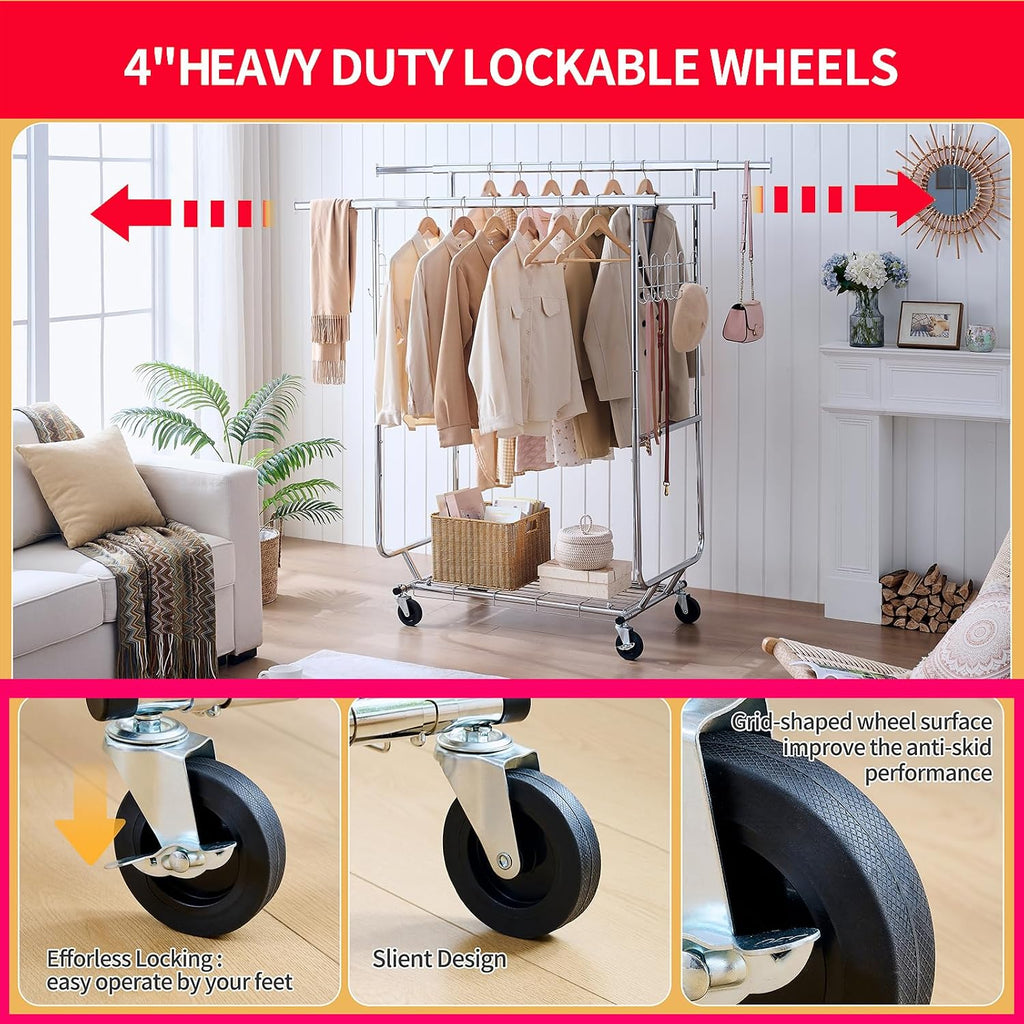 Double Coat Rack with Shelves Clothing Racks with 4 Rolling Wheels Heavy Duty Portable Collapsible Commercial Garment Rack for Hallway Bedroom Office, Capacity 800lbs, Silver