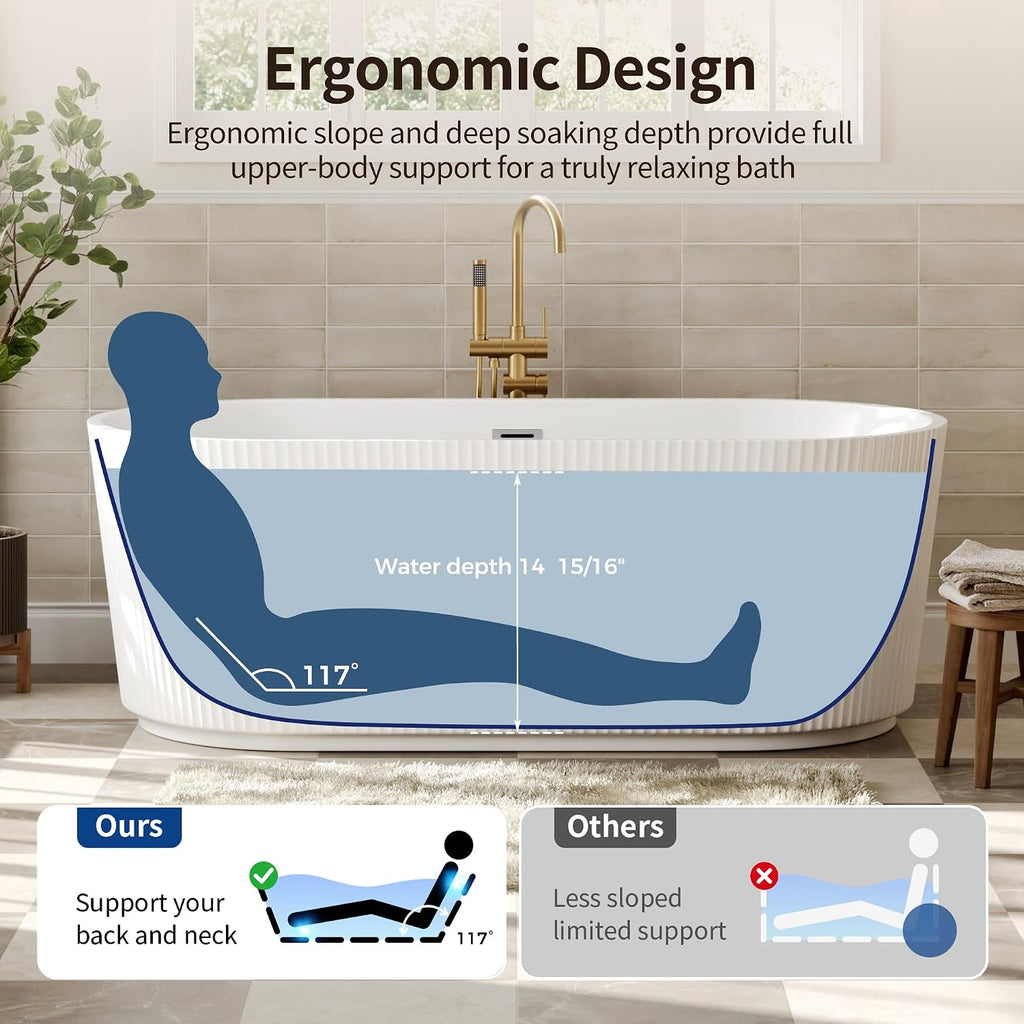 DeerValley 67' Acrylic Freestanding Bathtub, Easy Install Standalone Deep Soaking Tub with Fluted Design, Modern Ergonomic Shower Tub with Center Drain in White, DV-1T0583