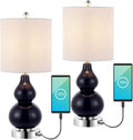 JONATHAN Y 22' Chrome/Navy Cora Glass Table Lamp Set of 2 with USB Charging Port, Classic Bedside Nightstand Lamps for Living Room, White Linen Shade, LED Bulb (JYL1125B-SET2)