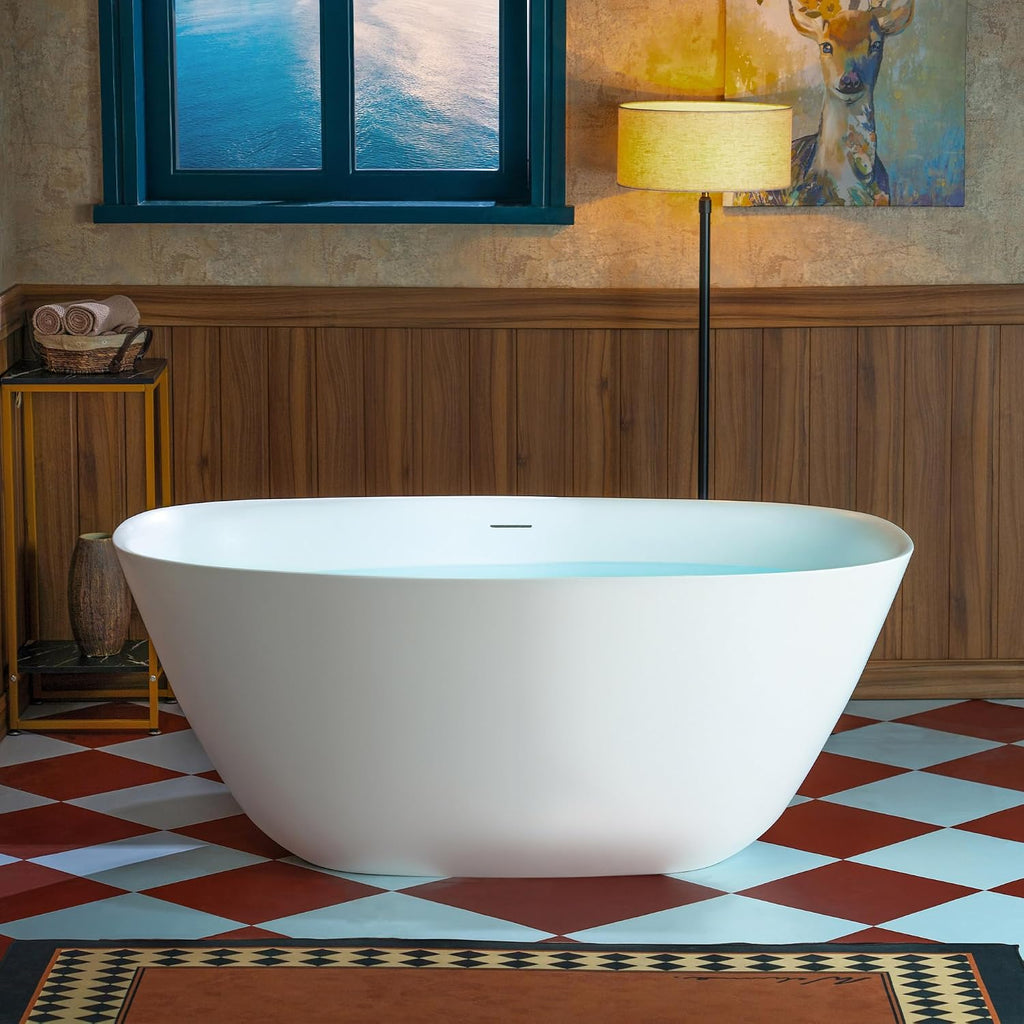 WOODBRIDGE 55 in. x 31.5 in. Stone Resin Luxury Contemporary Solid Surface Freestanding Bathtub in Matte White