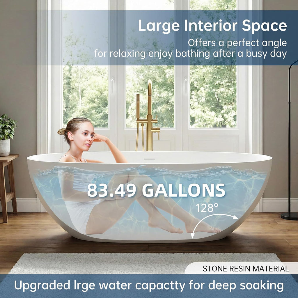 71' Stone Resin Freestanding Bathtub, Solid Surface Free Standing Tub, Soaking Tub with Overflow and Pop-up Drain in White, 2 Person Bathtub