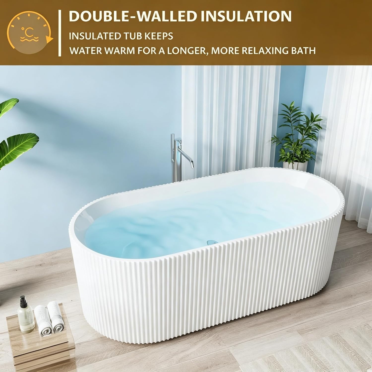 59 Inch Acrylic Freestanding Bathtub, Deep Soaking Tub with Non-Slip Base, cUPC Certified Free Standing Tub, Chrome Drain Bath Tub, Modern Tub for Bathrooms, White