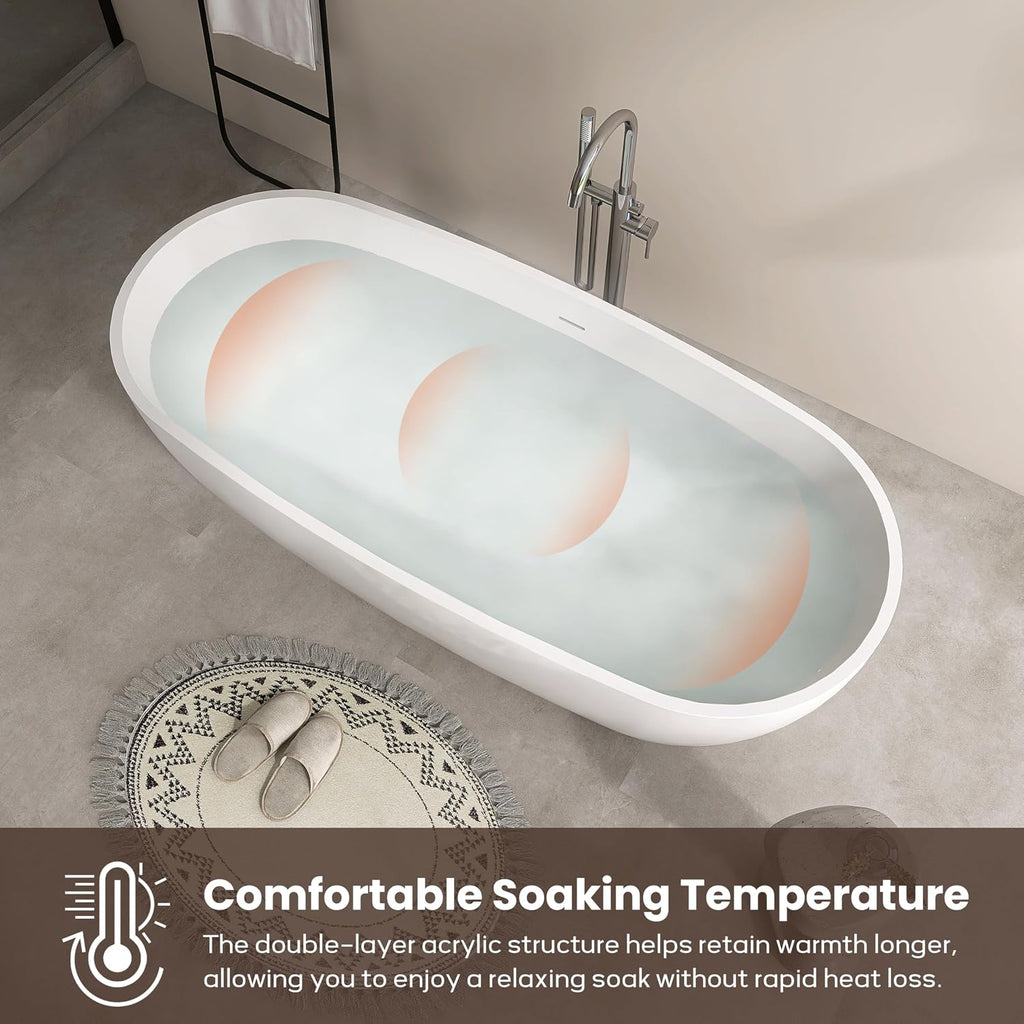 SJ STAR&JANE 71' Freestanding Bathtub, Acrylic Soaking Bathtub, Modern Acrylic Stand Alone Tub in white Intergrated Drain and Overflow,cUPC Certified