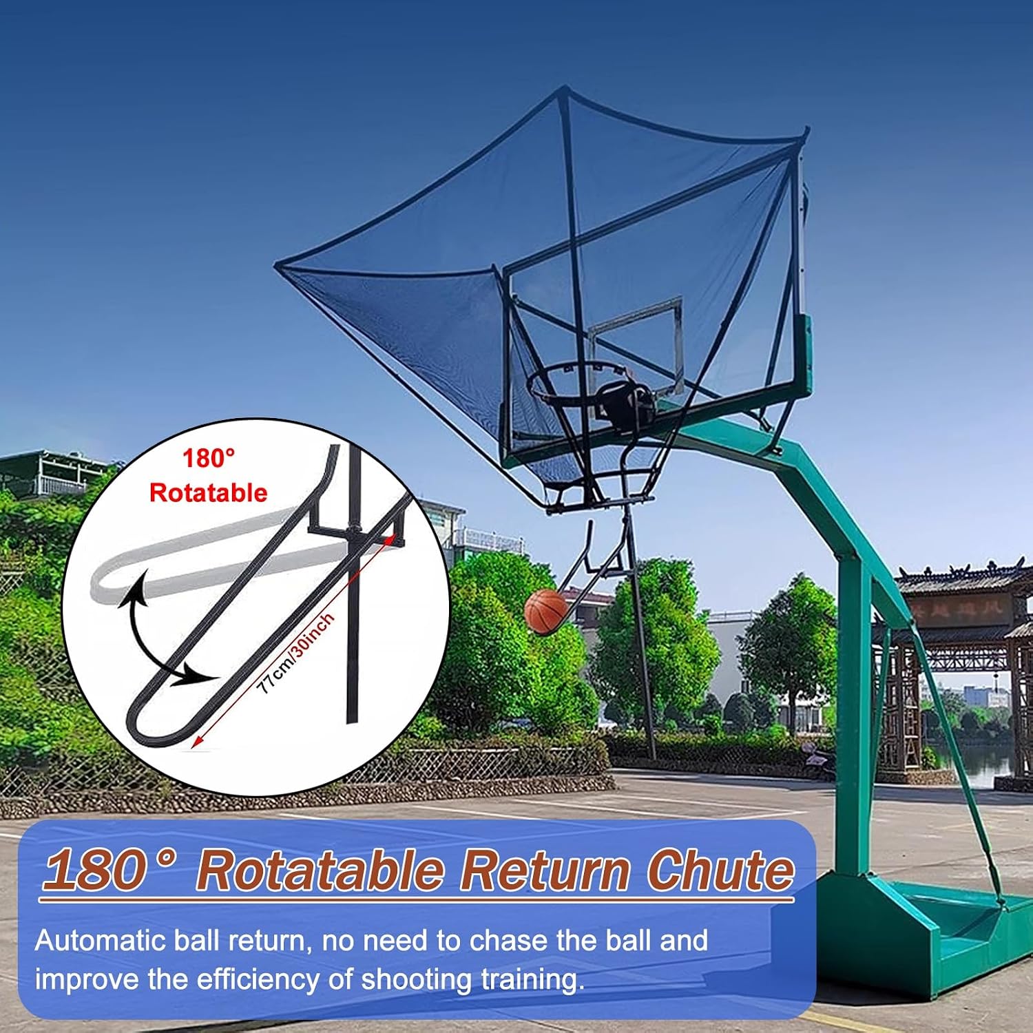 Indoor Outdoor Basketball Hoop Net Catcher, 180° Rotatable Foldable Shot Training Aid Rebound System - Metal Iron Frame, for Garage/Backyard/Pool, Easy to Set Up