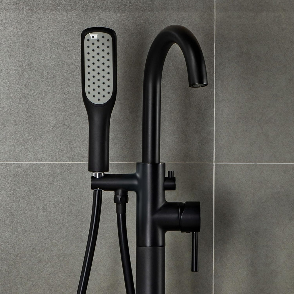 WOODBRIDGE High Flow Rate 8 GPM Freestanding Tub Filler Faucet with Hand Shower, Matte Black,F0025MBSQ