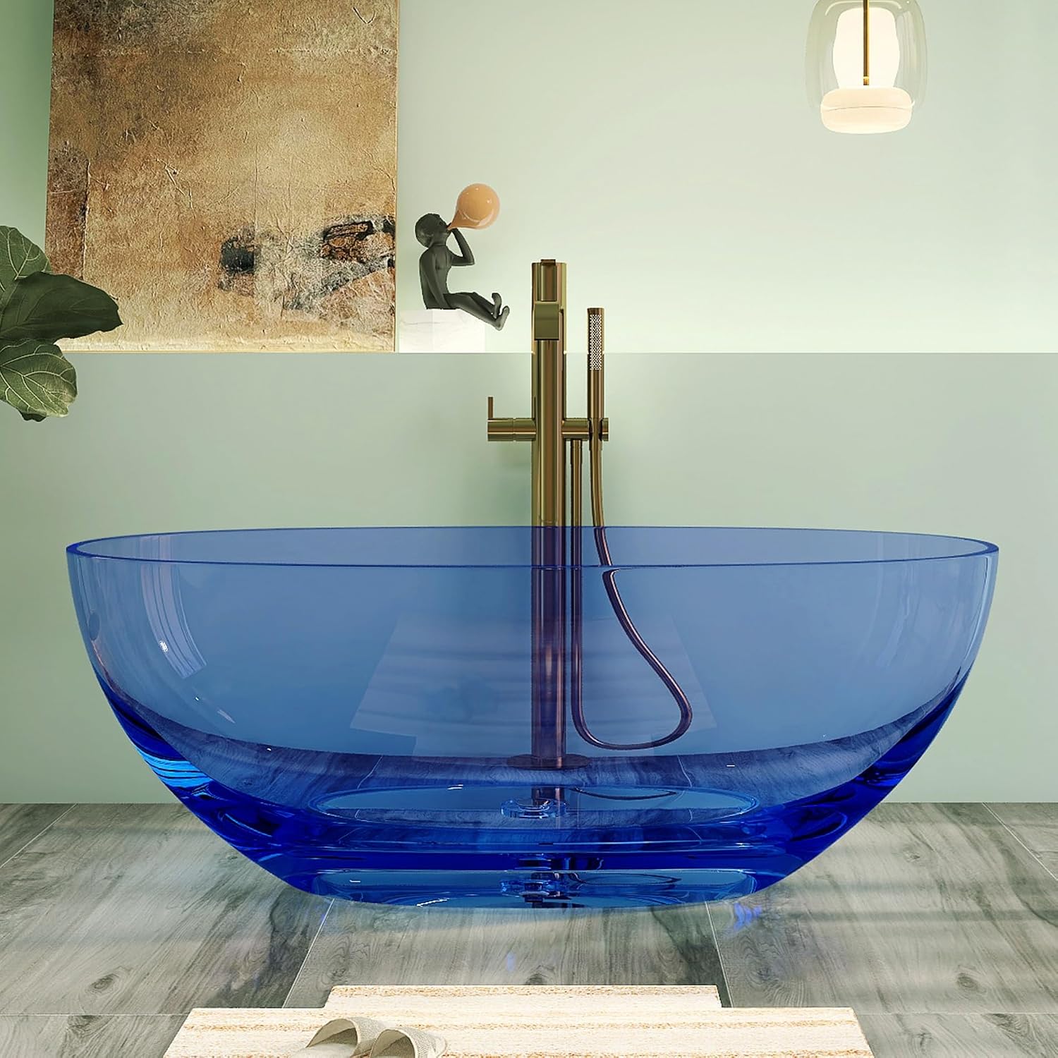61' Premium Solid Surface Freestanding BathTubs, Upgraded Modern Transparent Blue Design Stand Alone Tub with Pop-up Drain
