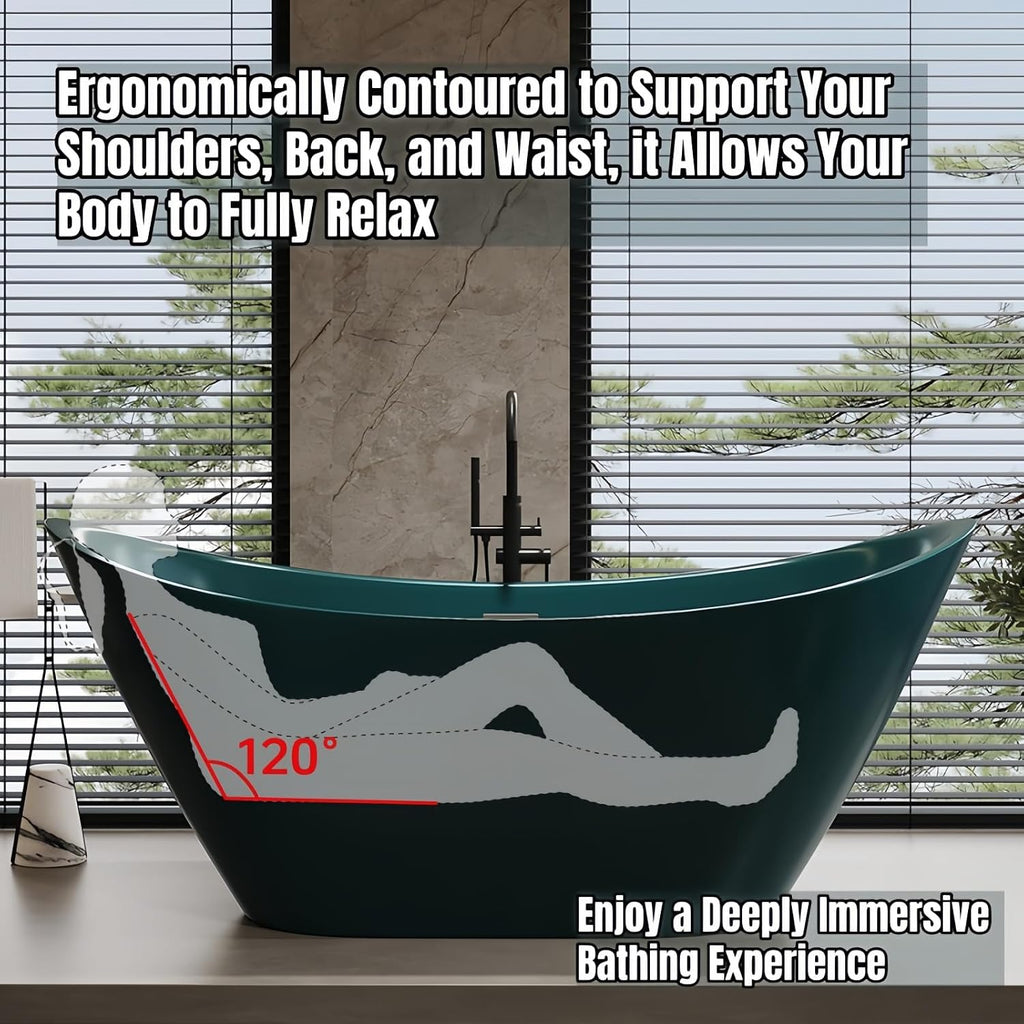 72' Edeyeu Stylish Freestanding Bathtub - Modern Soaker Tub With Double Backrest, Extra Deep Soaking Tub for Full Immersion Bathing, Ergonomically Designed Freestanding Bathtubs with Drain Green