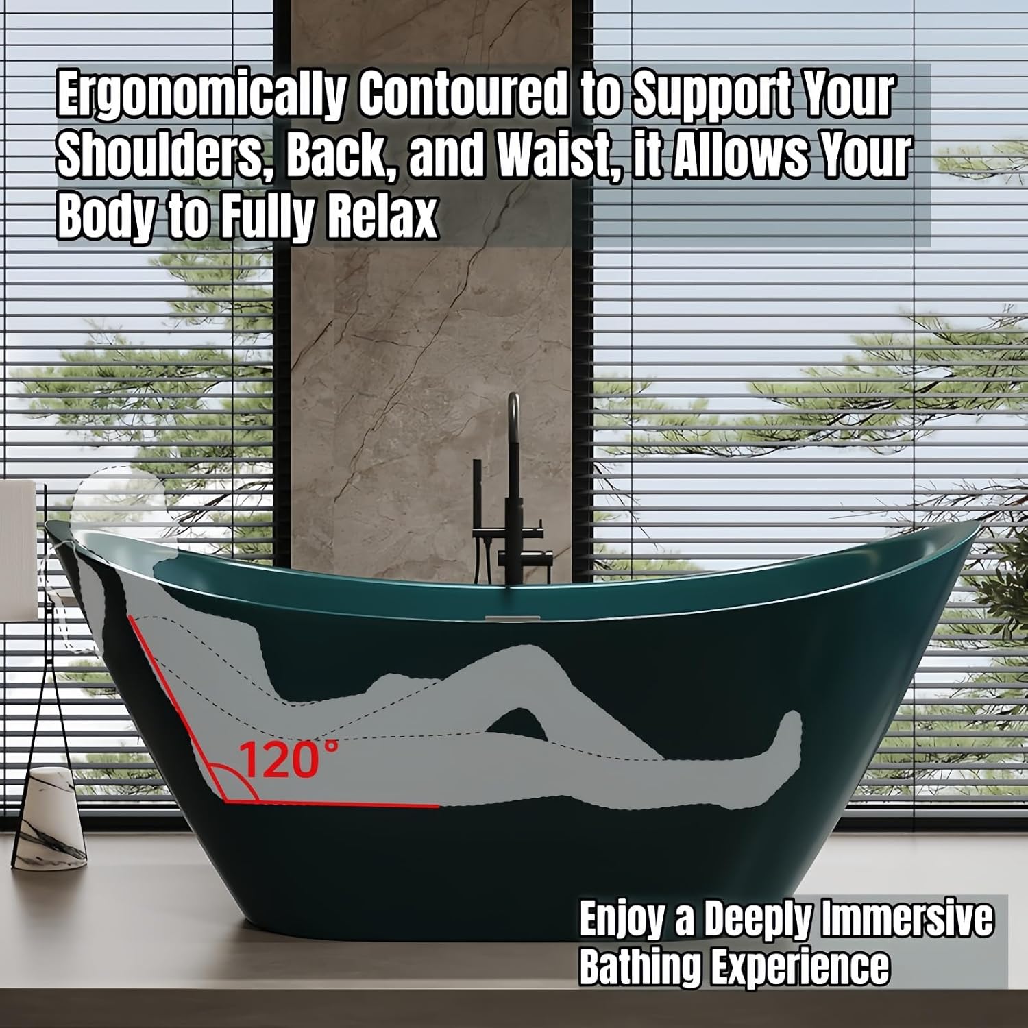 64' Edeyeu Stylish Freestanding Bathtub - Modern Soaker Tub With Double Backrest, Extra Deep Soaking Tub for Full Immersion Bathing, Ergonomically Designed Freestanding Bathtubs with Drain Green