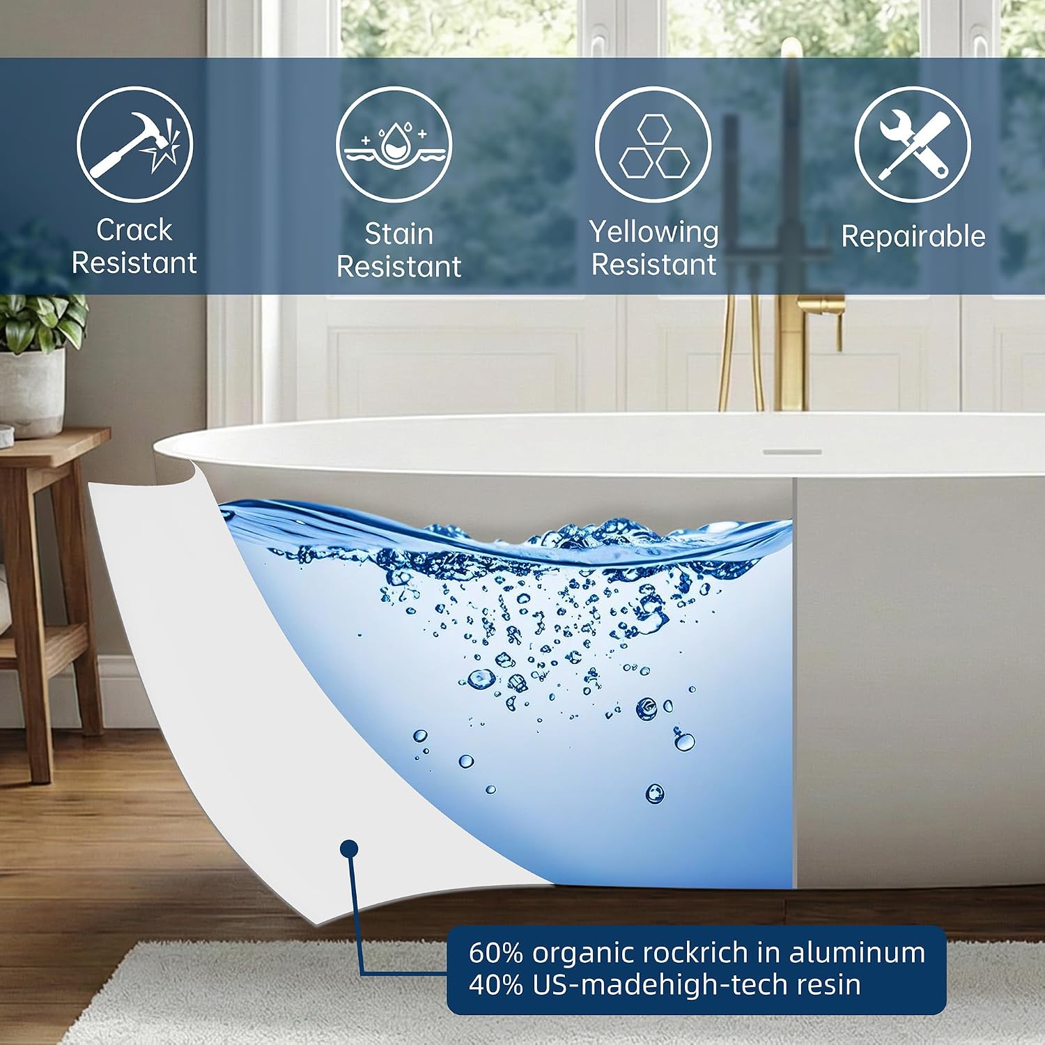 71' Stone Resin Freestanding Bathtub, Solid Surface Free Standing Tub, Soaking Tub with Overflow and Pop-up Drain in White, 2 Person Bathtub