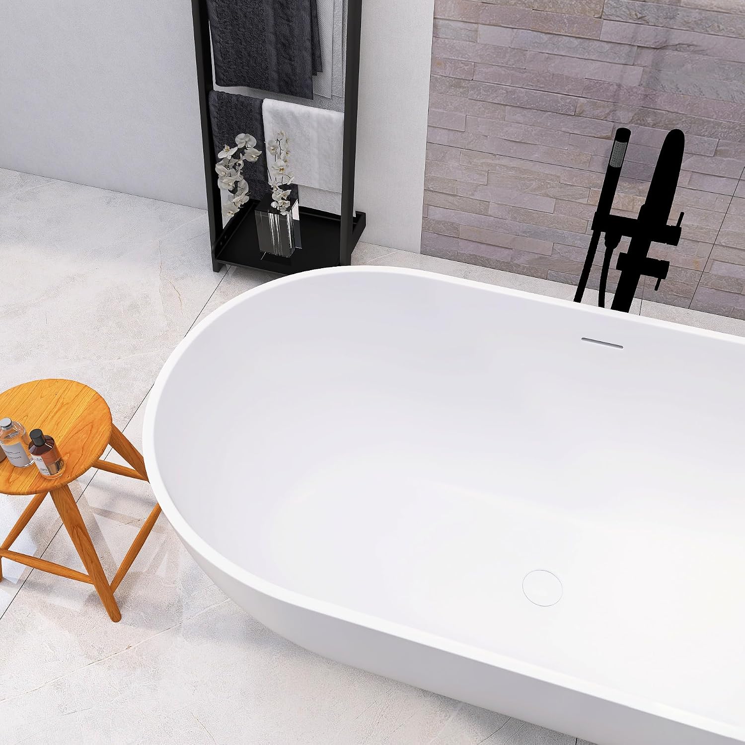 59 Inch Freestanding Bathtub Oval Shaped Solid Surface Resin Stone soaker Freestanding Tubs Matte White Soaking Tub with Overflow and Pop-up Drain (white)307-1500