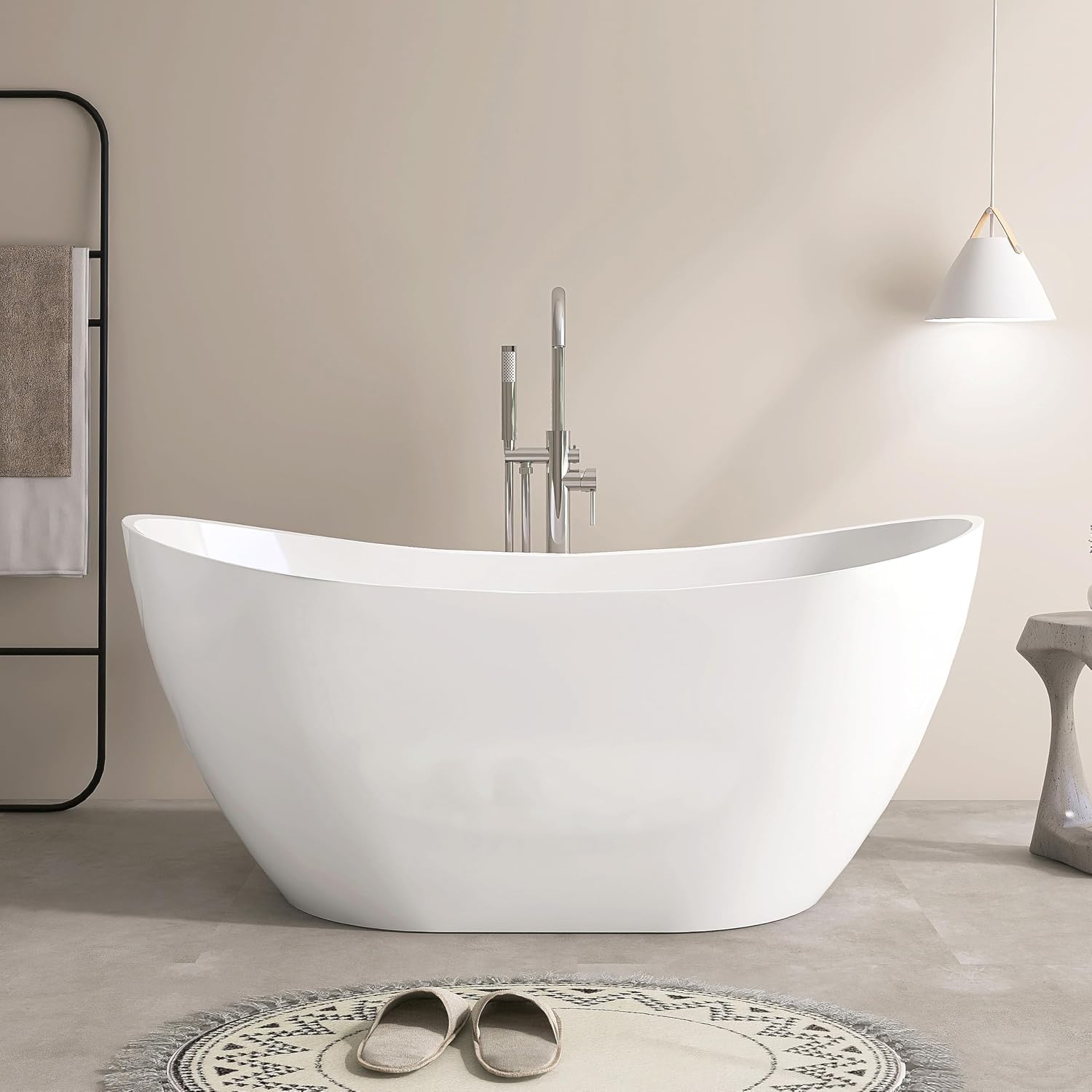 SJ STAR&JANE 60' Acrylic Freestanding Bathtub, Dual Slipper Acrylic Soaking Bathtub,Stand Alone Tub with Drain and Overflow, cUPC Certified, White