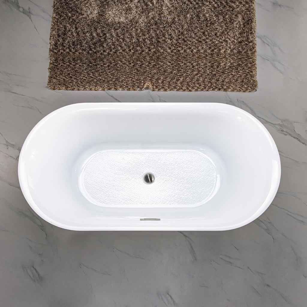 WOODBRIDGE 59' Acrylic Freestanding Bathtub Contemporary Soaking Tub with Brushed Nickel Overflow and Drain,White Tub,B0058-BN