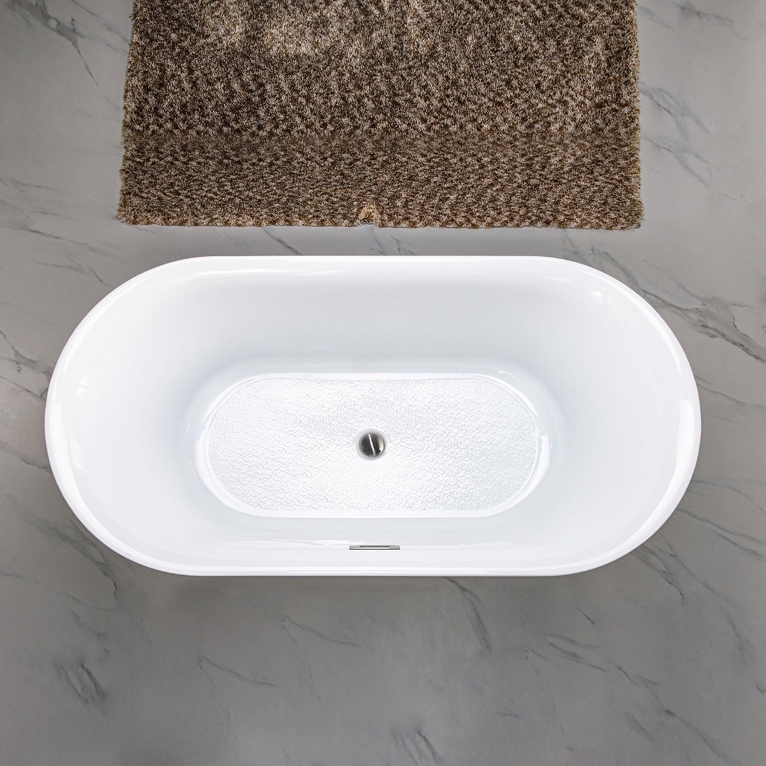 WOODBRIDGE 59' Acrylic Freestanding Bathtub Contemporary Soaking Tub with Brushed Nickel Overflow and Drain,White Tub,B0058-BN