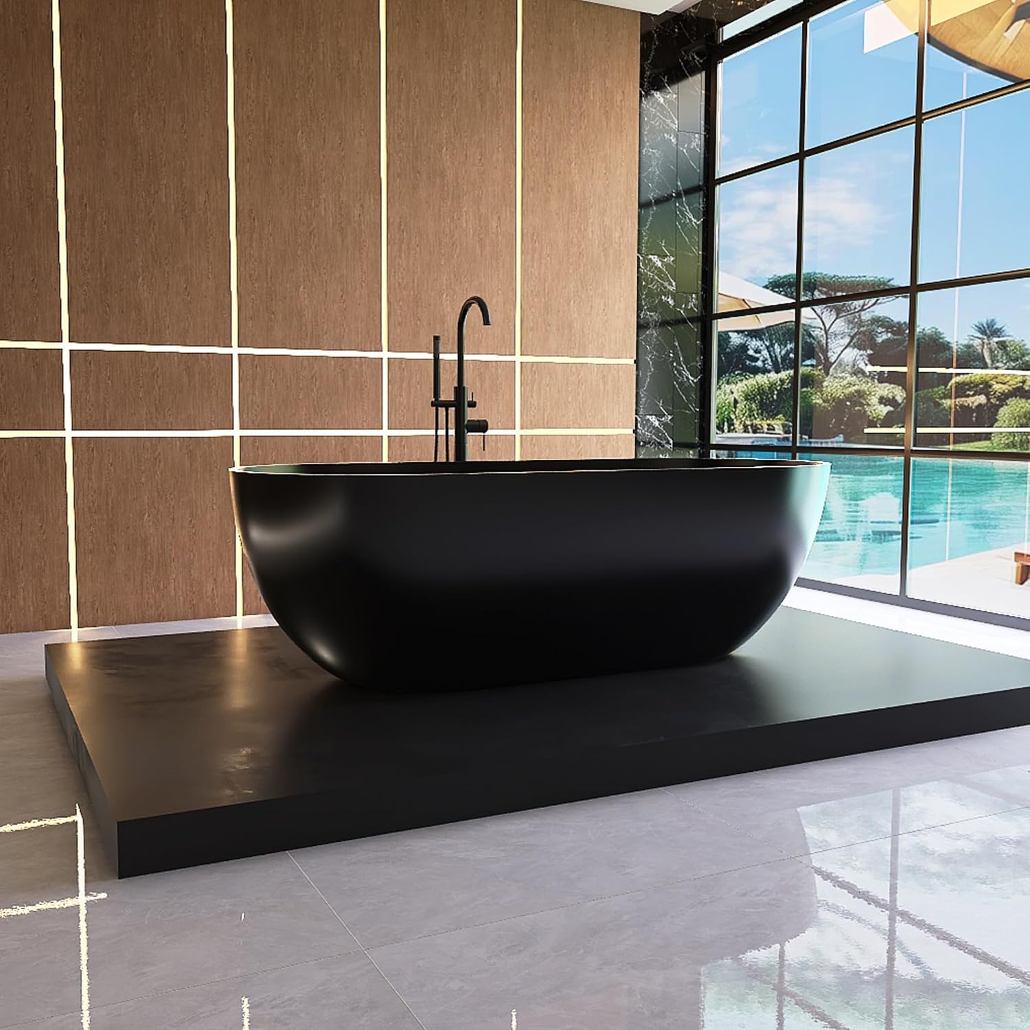 69' Freestanding Solid Surface Bathtub, Matte Black | Resin Stone, Modern Design Stand Alone Tub with Drain, Free Stand SoakIng Tub
