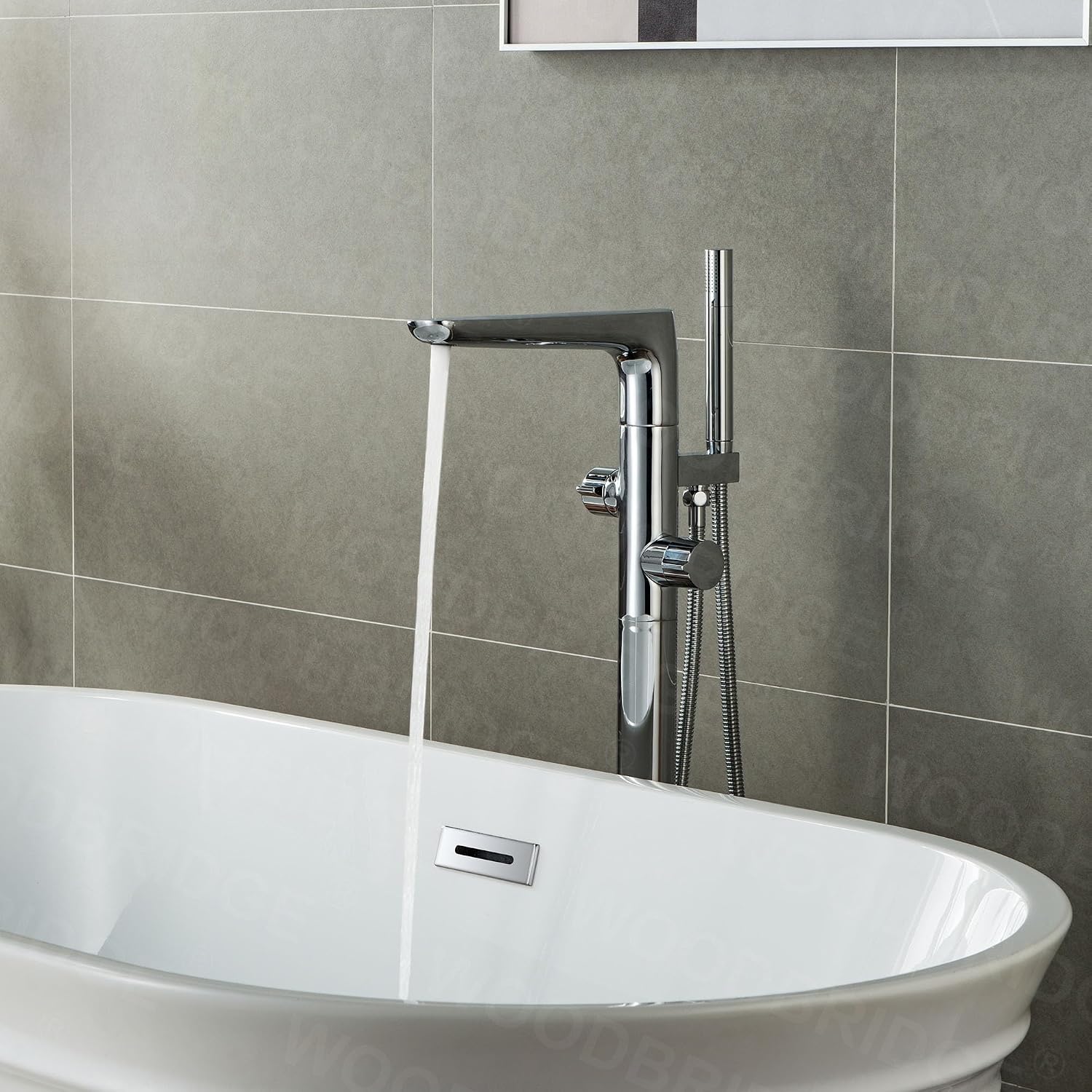 WOODBRIDGE Contemporary Single Handle Floor Mount Freestanding Tub Filler Faucet with Hand shower in Chrome Finish,F0013CH