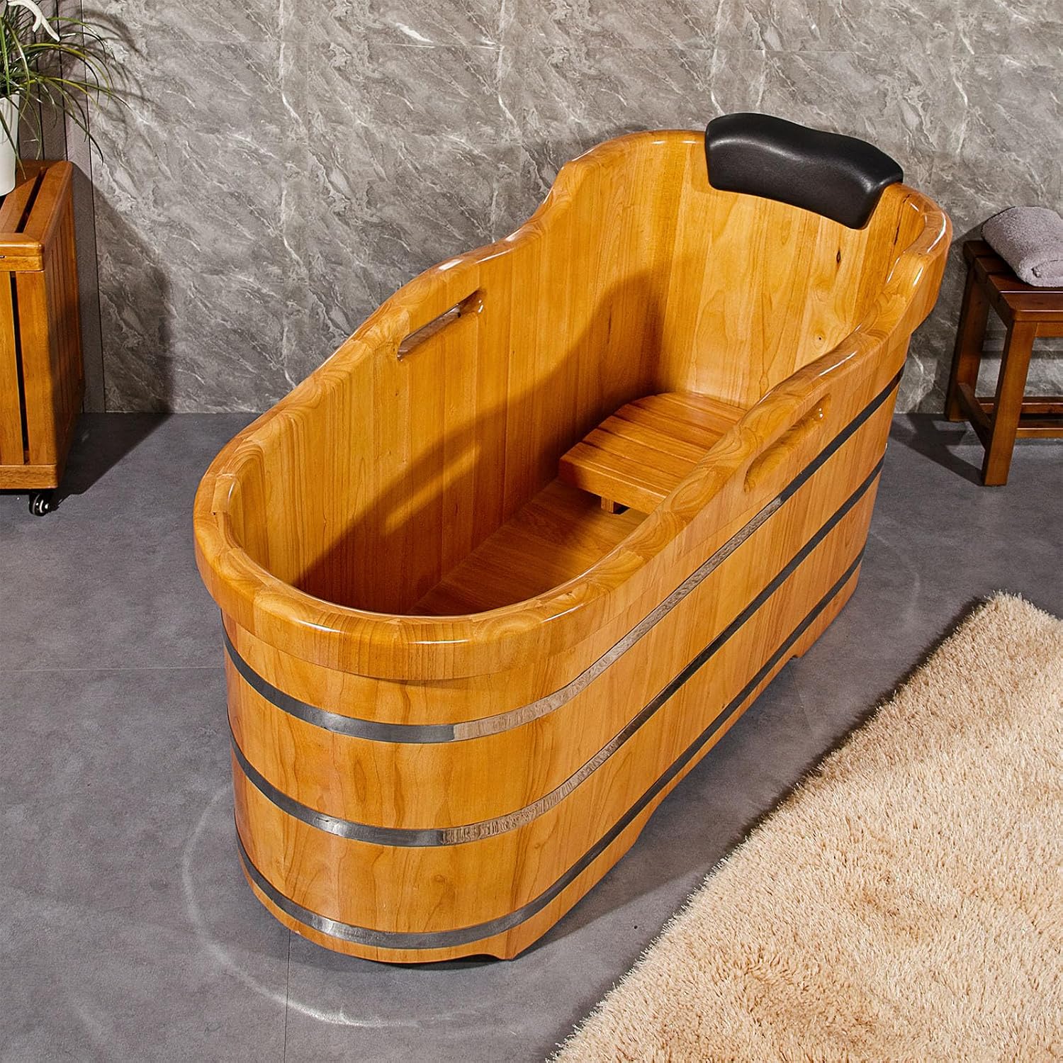 59' Freestanding Bathtub Wooden Soaking Tub Handcrafted Deep Soaking Bathtub with Wooden Handrails, Japanese Soaking Tub for Home Spa Relaxation, Freestanding Tub Wood Hot Tub STT15001