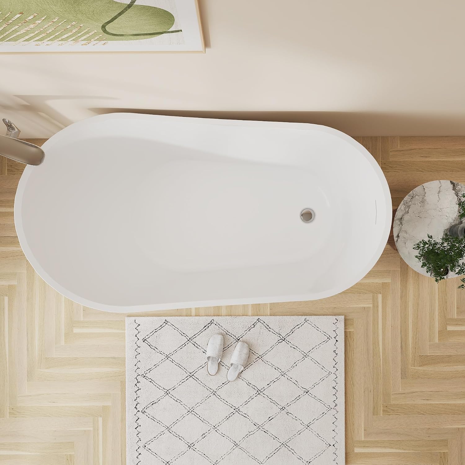 67'' Freestanding White Acrylic Bathtub, Oval Soaking Tub | Oval White Acrylic Freestanding Soaking Tub with Chrome Drain & 4 Adjustable Leveling Feet, No Overflow Cover & Drain Pipe