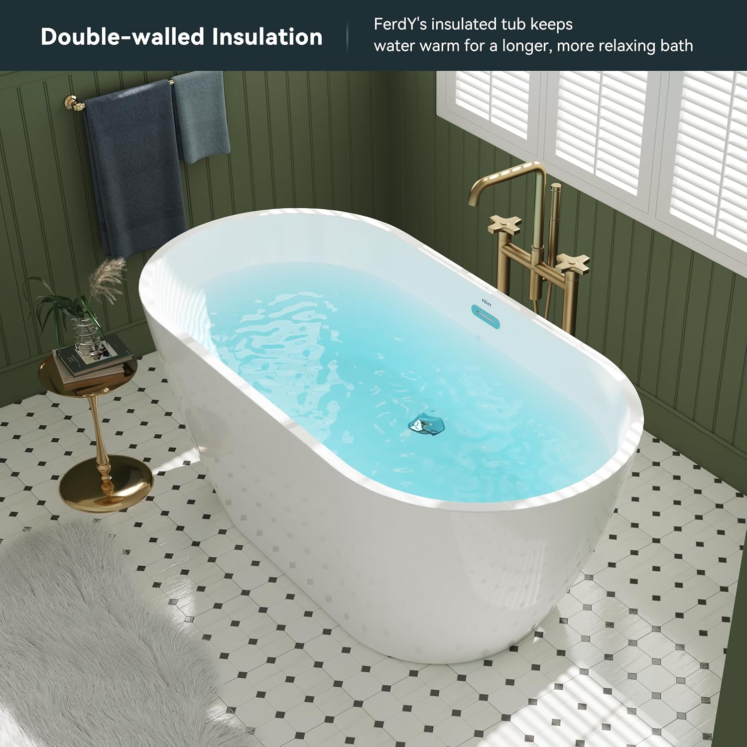 FerdY Bali 55' Acrylic Freestanding Bathtub, Gracefully Shaped Freestanding Soaking Bathtub, Glossy White cUPC Certified, Toe-Tap Chrome Drain and Classic Slotted Overflow Included
