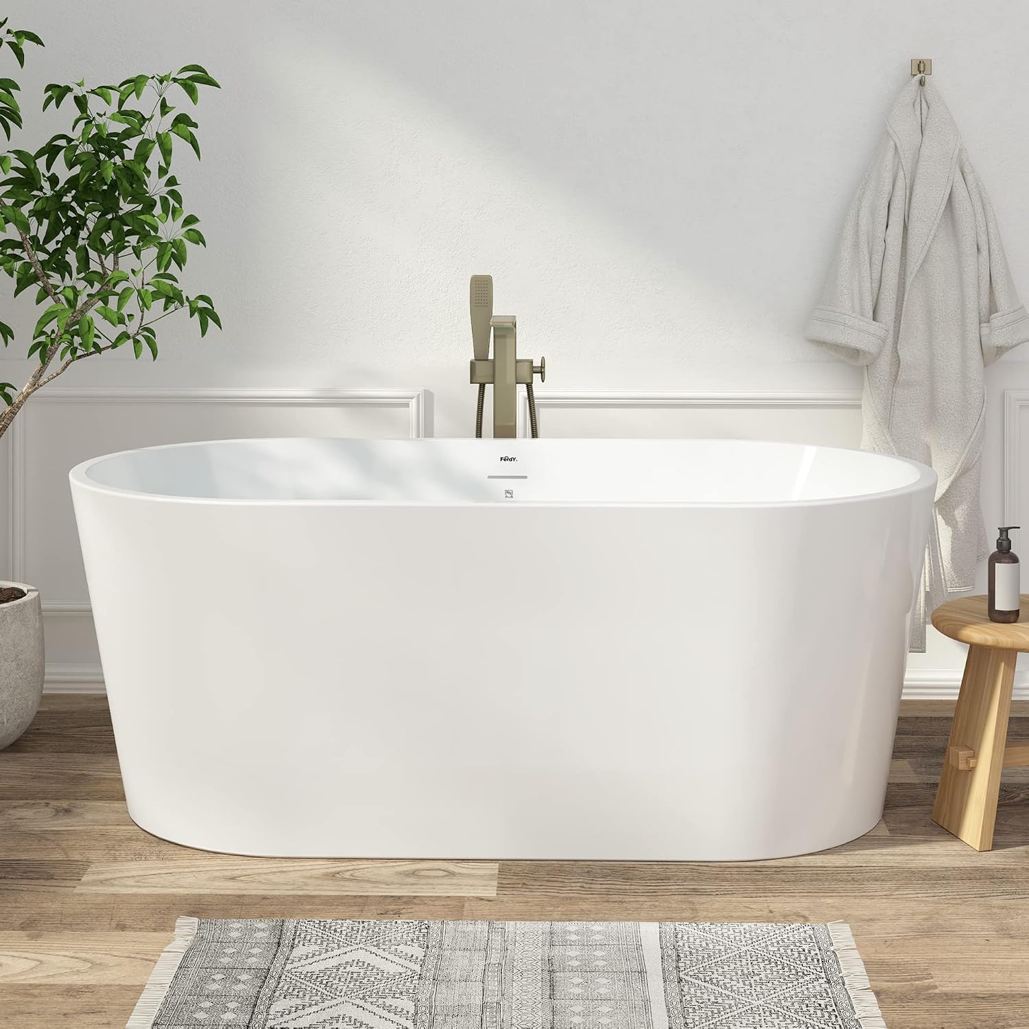 FerdY Shangri-La 59' Acrylic Freestanding Bathtub, Gracefully Shaped Soaking Bathtub, Glossy White, cUPC Certified, Brushed Nickel Drain &FerdY Back Scrubber for Shower,Long Handled Loofah on a Stick