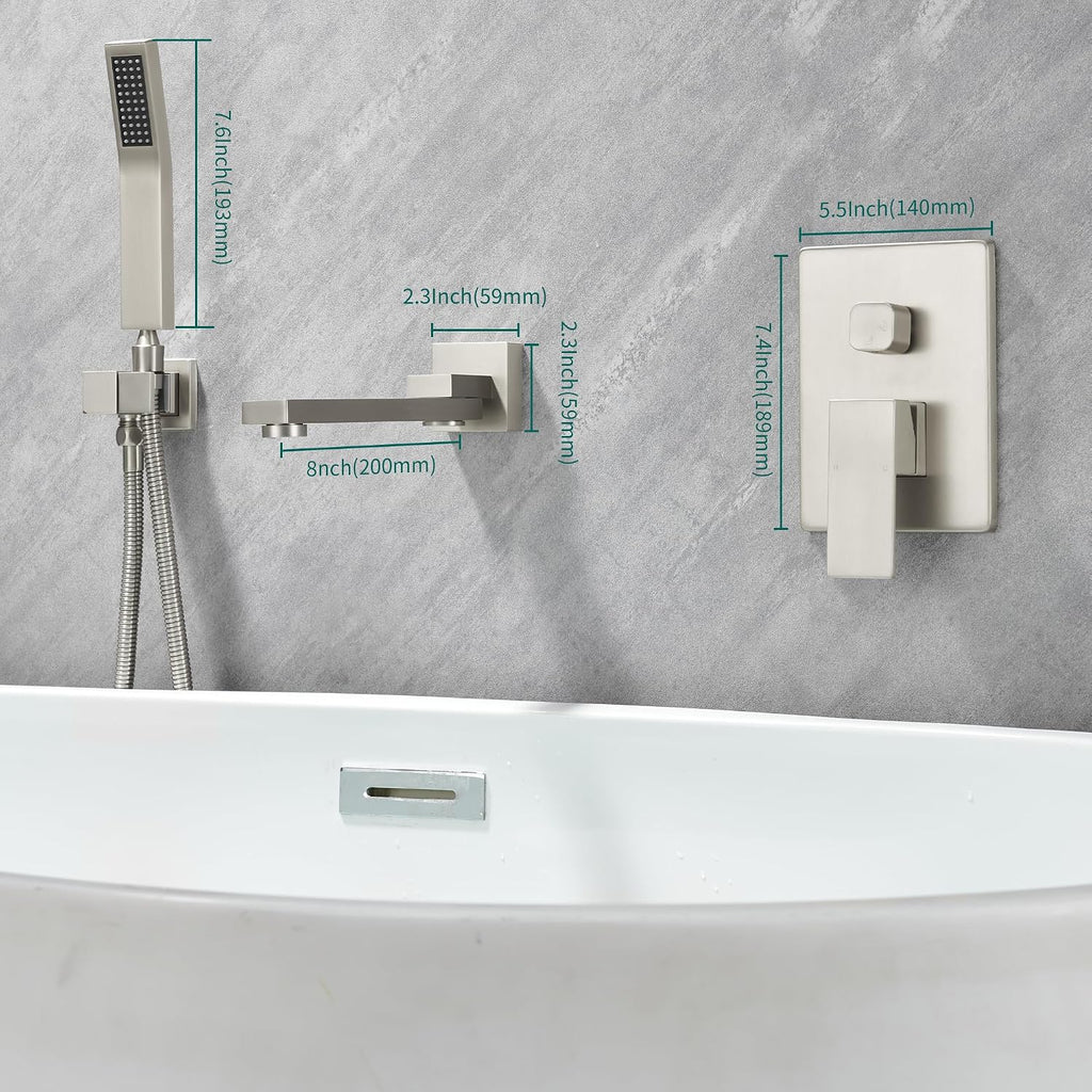 DASAN Swiveling Wall Mount Tub Filler Faucet Set with Hand Held Shower, Brushed Nickel Modern Creative Bathtub Faucet Wall Mounted Bath Tub Faucet with High Flow Rough in Valve, SA-TF05WH-BN