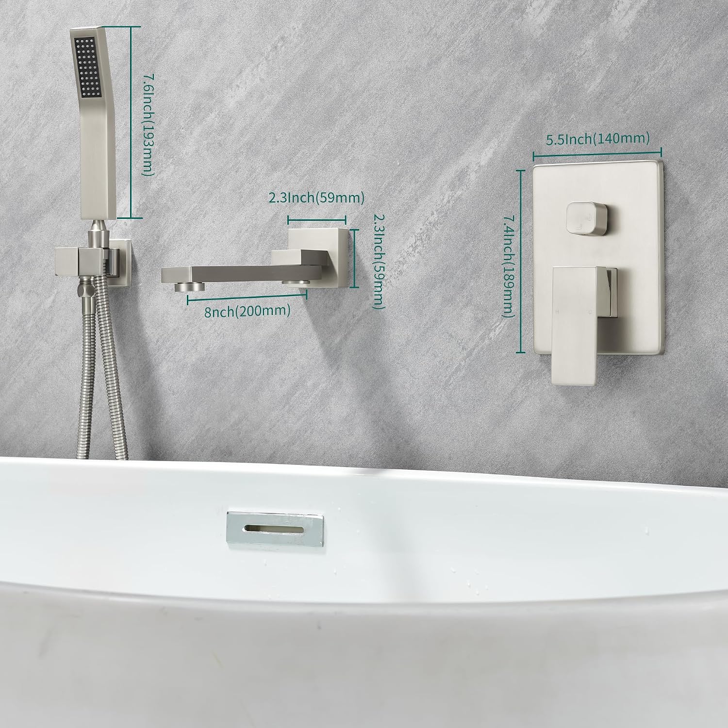 DASAN Swiveling Wall Mount Tub Filler Faucet Set with Hand Held Shower, Brushed Nickel Modern Creative Bathtub Faucet Wall Mounted Bath Tub Faucet with High Flow Rough in Valve, SA-TF05WH-BN