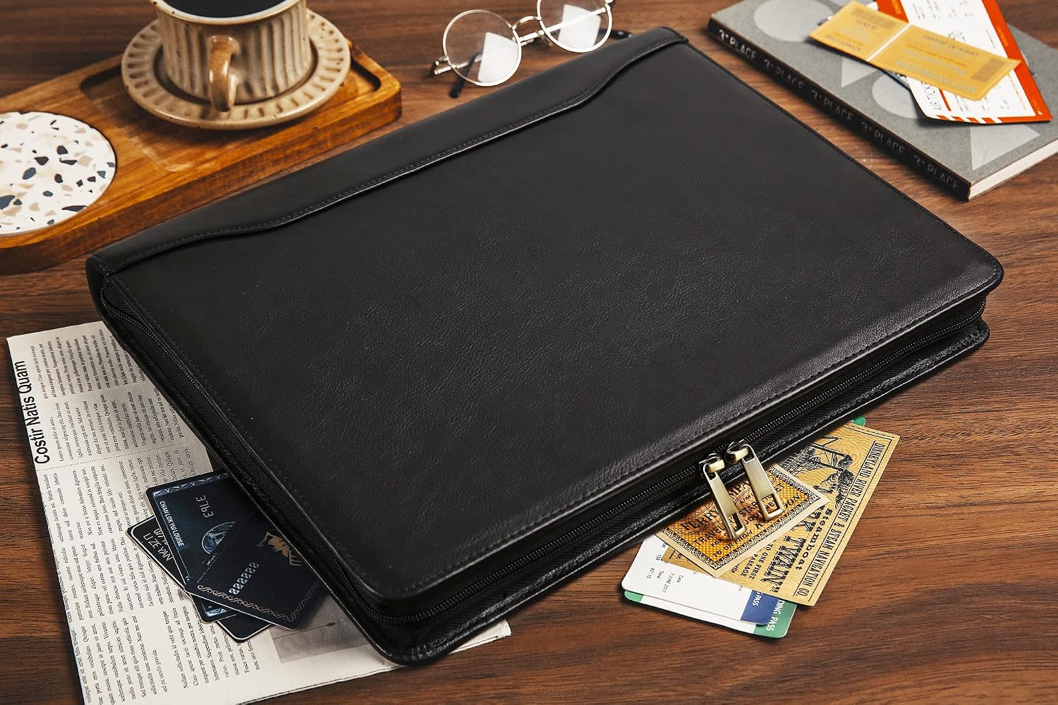 Leather Binder 3 Ring, Oil Tanned Portfolio with Notepad, Zippered Padfolio for Lawyer, Business Gift for Men/Women (Black, Non-Custom)