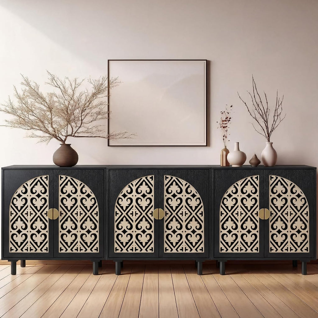 Decorative Storage Cabinet Sideboard with Hollow Carved Panels, 4 Doors Storage Sideboard Cabinet with Adjustable Shelves. [Black, 2pcs]