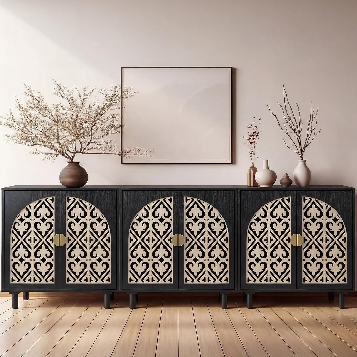Decorative Storage Cabinet Sideboard with Hollow Carved Panels, 4 Doors Storage Sideboard Cabinet with Adjustable Shelves. [Black, 2pcs]