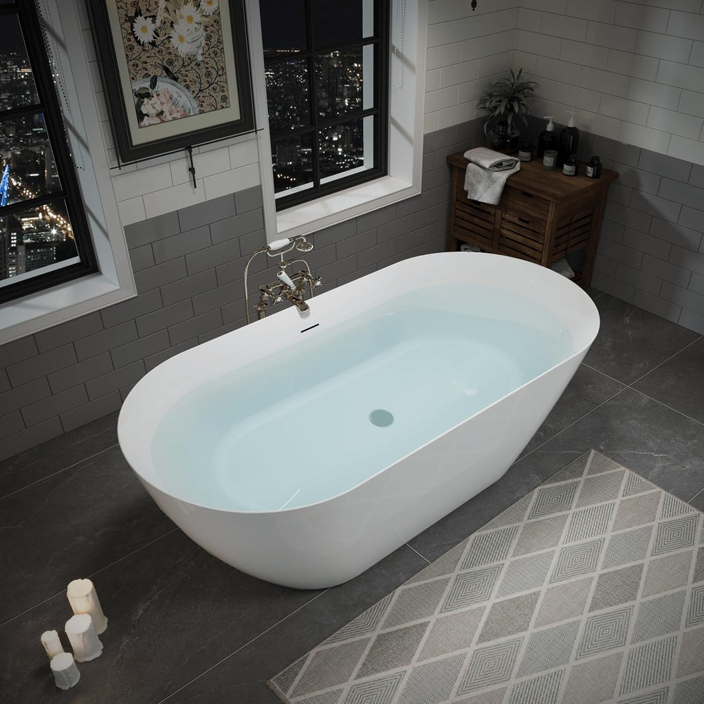 ABRUZZO 63' Acrylic Freestanding Bathtub - Oval Deep Soak Tub, Center Drain & Overflow, cUPC Certified Glossy White