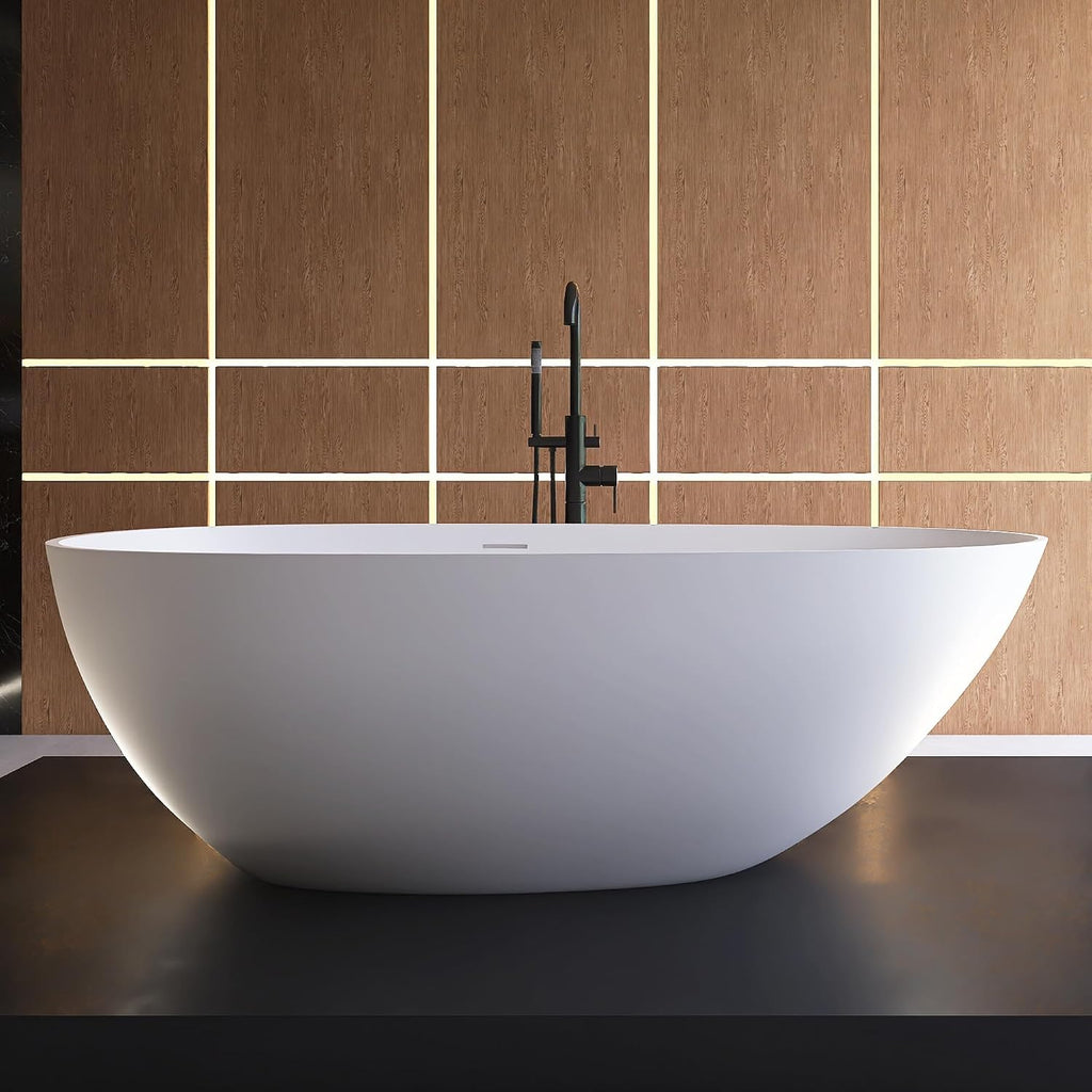 67' Freestanding Tub, Solid Surface Modern Bathtub Matte White | Stone Resin Free Standing Bathtub, Contemporary Soaking Tub with Overflow and Pop-up Drain