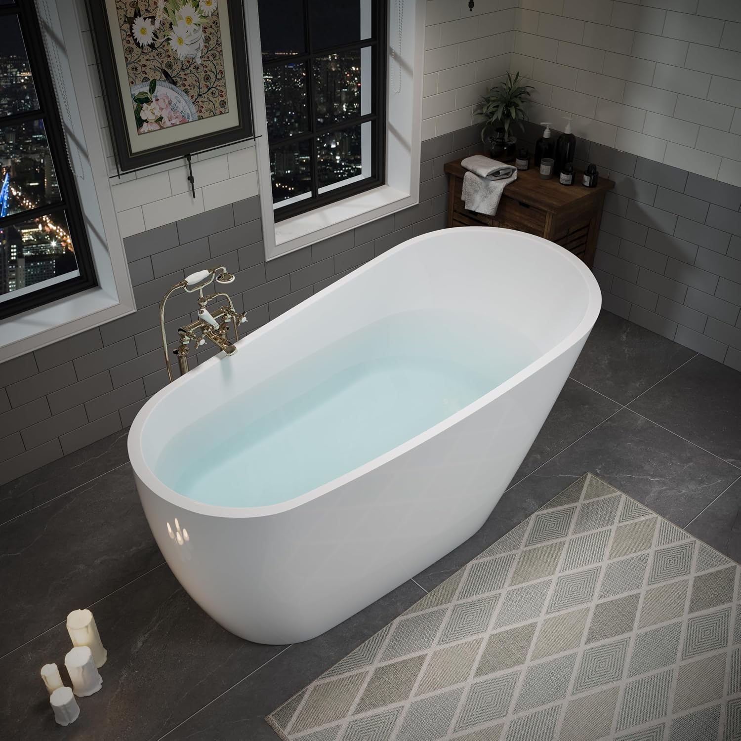55' Acrylic Freestanding Bathtub, Deep Soaking Bathtub with Pop up Drain Integrated Overflow, Stand Alone Bath Tub for Bathroom Spa or Home Upgrade, Glossy White GF 26A04 55