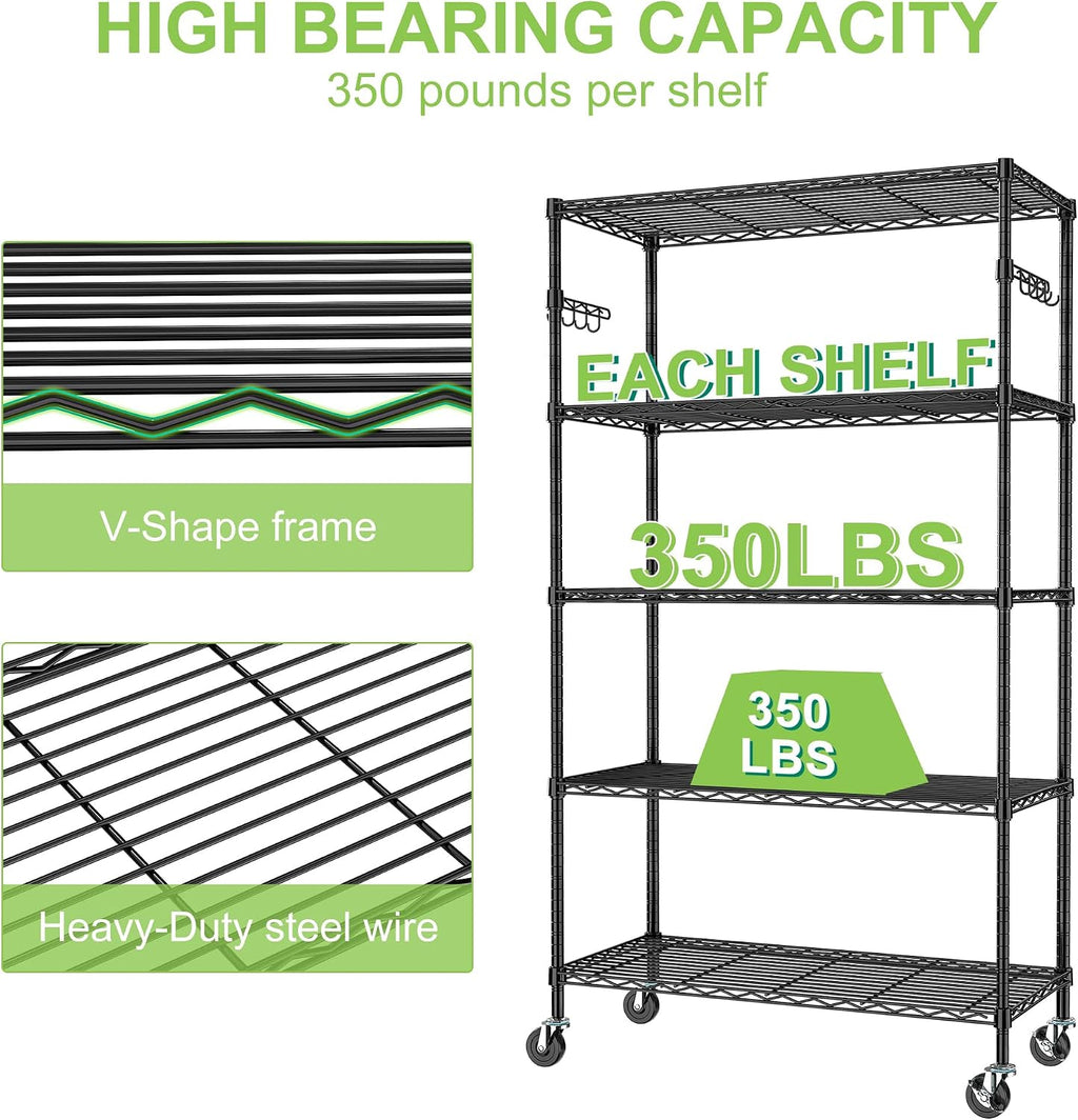 Wire Shelving with Wheels Metal Garage Storage Shelves Rack Unit 5 Tier Heavy Duty Steel Utility Rolling Shelve Adjustable Industrial Sturdy Shelving for Kitchen Garage Pantry Bathroom Laundry