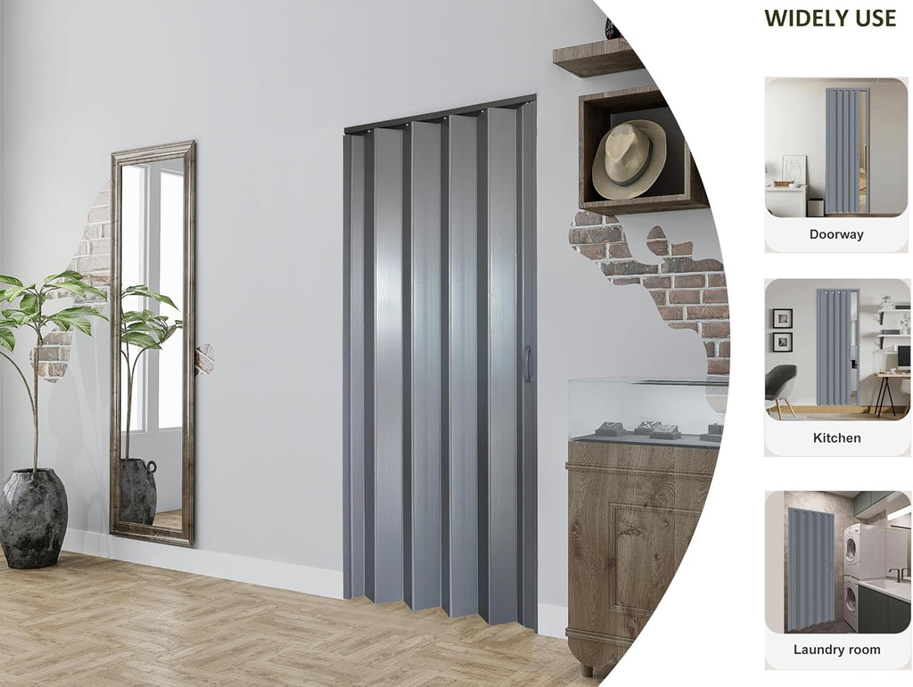DIYHD 38X80in Interior Folding PVC Accordion Door,Grey,Include Door and Mounting Hardware,Handle,Latch,Folded Width 5-1/8'