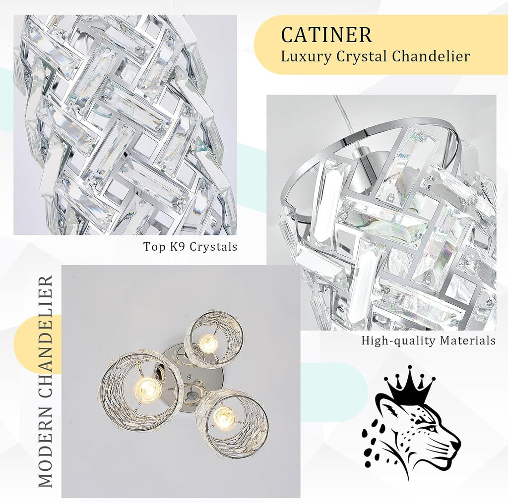 CATINER 3-Light Modern Crystal Pendant Light, Chrome Mini Chandelier – Adjustable Cluster Pendant Lighting Fixture for Kitchen Island, Dining Room, Bedroom, Hallway, Porch