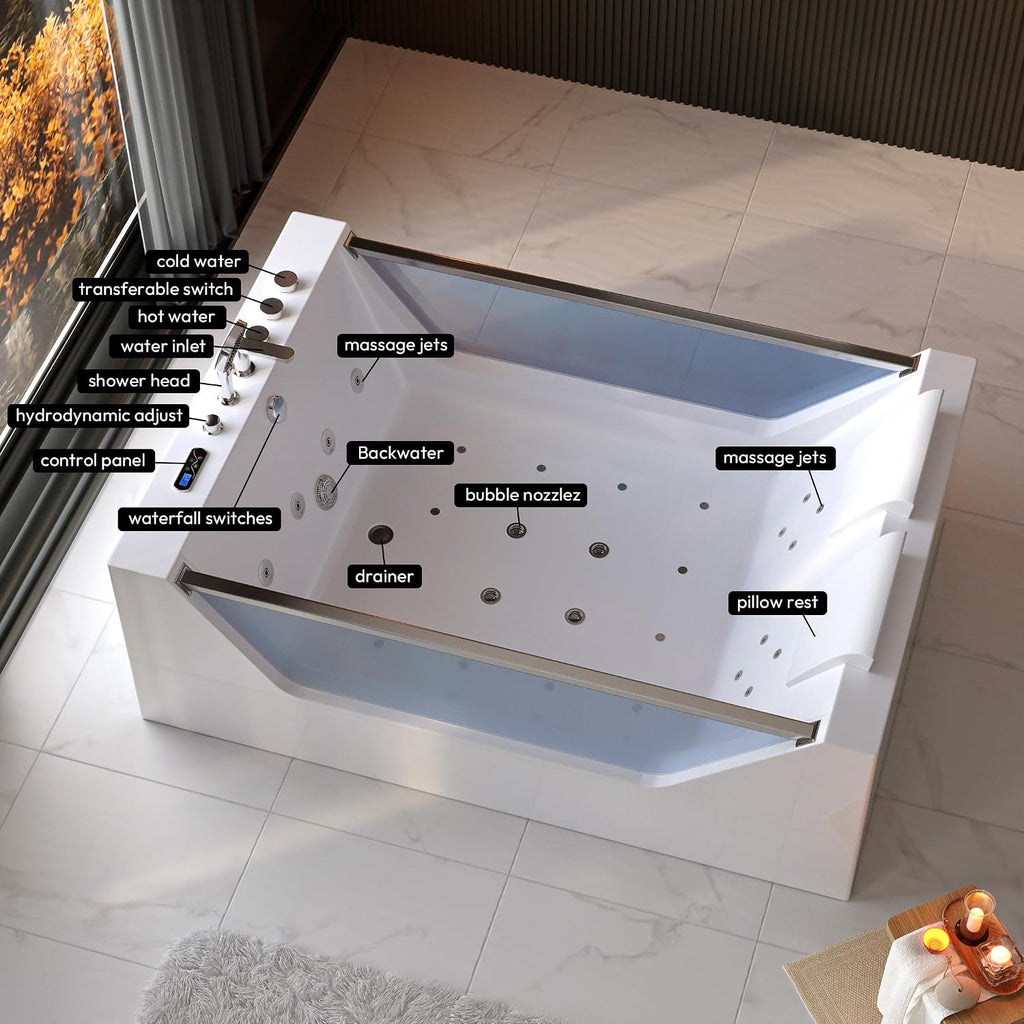 Empava PRO Series 71'x48' Whirlpool Tub | Heated Bubble Spa for 2 with Thermostatic Control & Chromotherapy | Acrylic Freestanding Soaking Bathtub, White (ETL Certified)