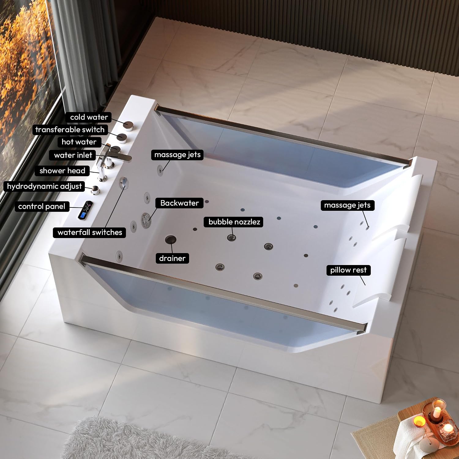 Empava PRO Series 71'x48' Whirlpool Tub | Heated Bubble Spa for 2 with Thermostatic Control & Chromotherapy | Acrylic Freestanding Soaking Bathtub, White (ETL Certified)