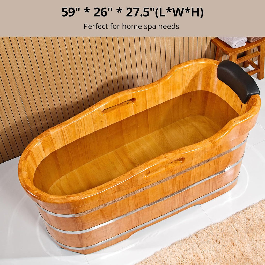 59' Freestanding Bathtub Wooden Soaking Tub Handcrafted Deep Soaking Bathtub with Wooden Handrails, Japanese Soaking Tub for Home Spa Relaxation, Freestanding Tub Wood Hot Tub STT15001