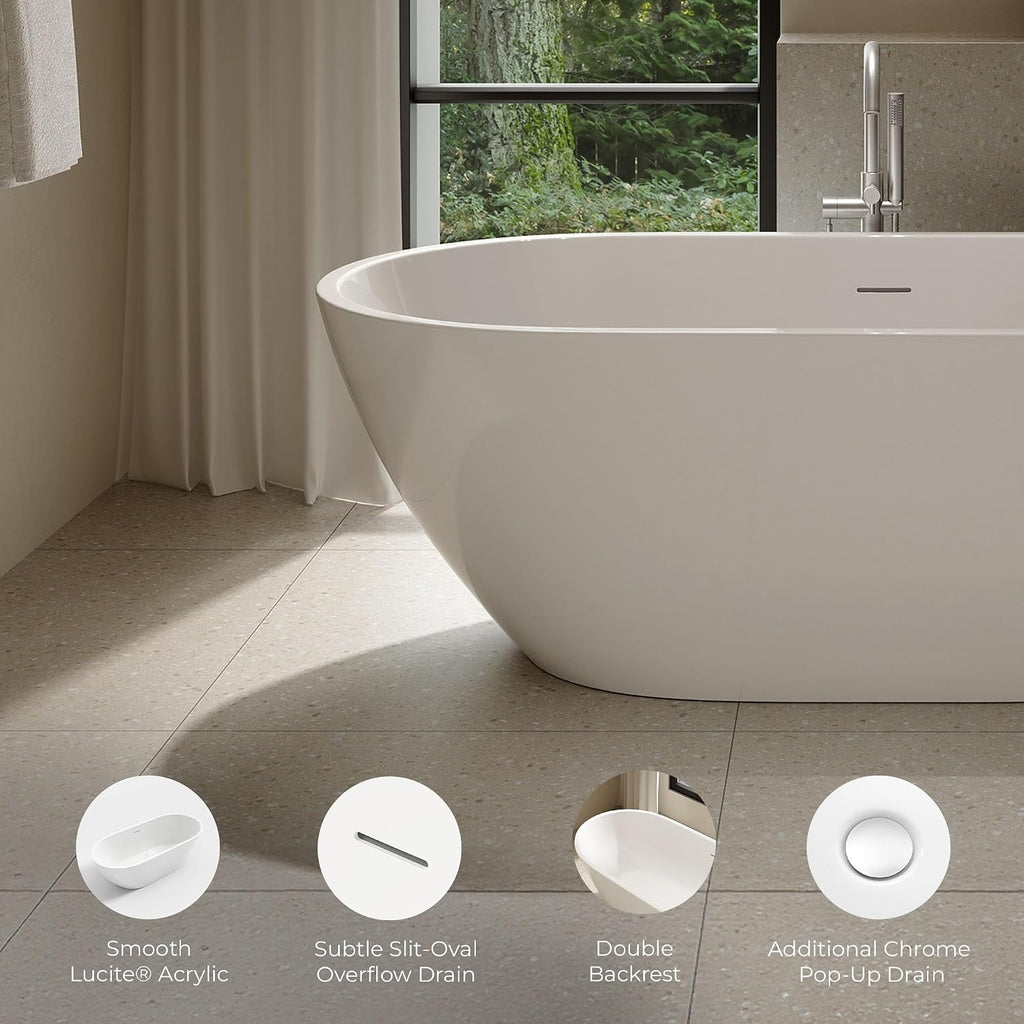 OVE Decors Ayago 66 in. Solid Surface Freestanding White Acrylic Soaking Bathtub, with Overflow and Chrome Pop-up Drain