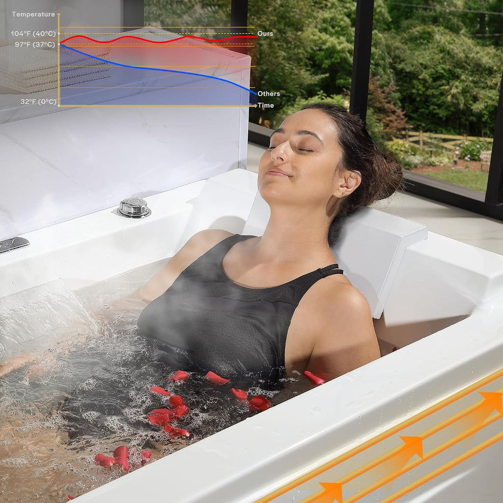 Empava Acrylic Whirlpool Bathtub, 71-Inch Jetted Bathtub with Healing Chromotherapy, Heated Soaking Tub with LED Control Panel, Comforting Hydro Massage Tub with Waterfall Joy, Black Pillow