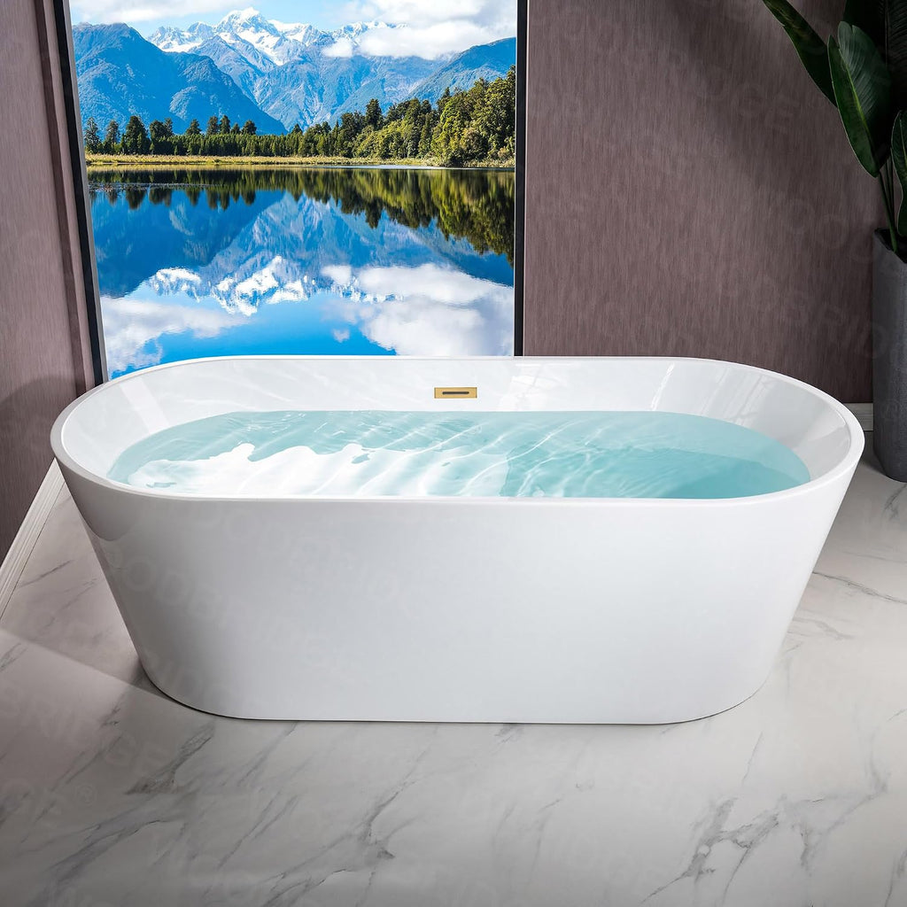 WOODBRIDGE 71' Acrylic Freestanding Bathtub Contemporary Soaking White Tub with Brushed Gold Overflow and Drain,B1701-BG