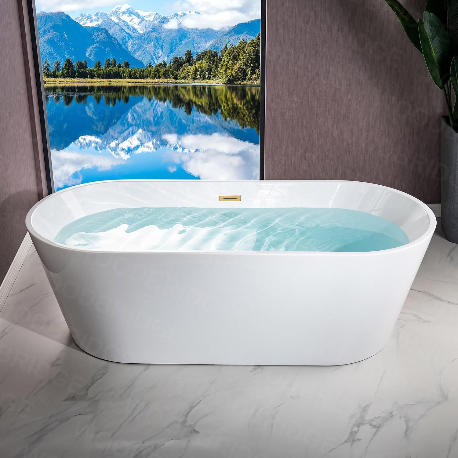 WOODBRIDGE 71' Acrylic Freestanding Bathtub Contemporary Soaking White Tub with Brushed Gold Overflow and Drain,B1701-BG